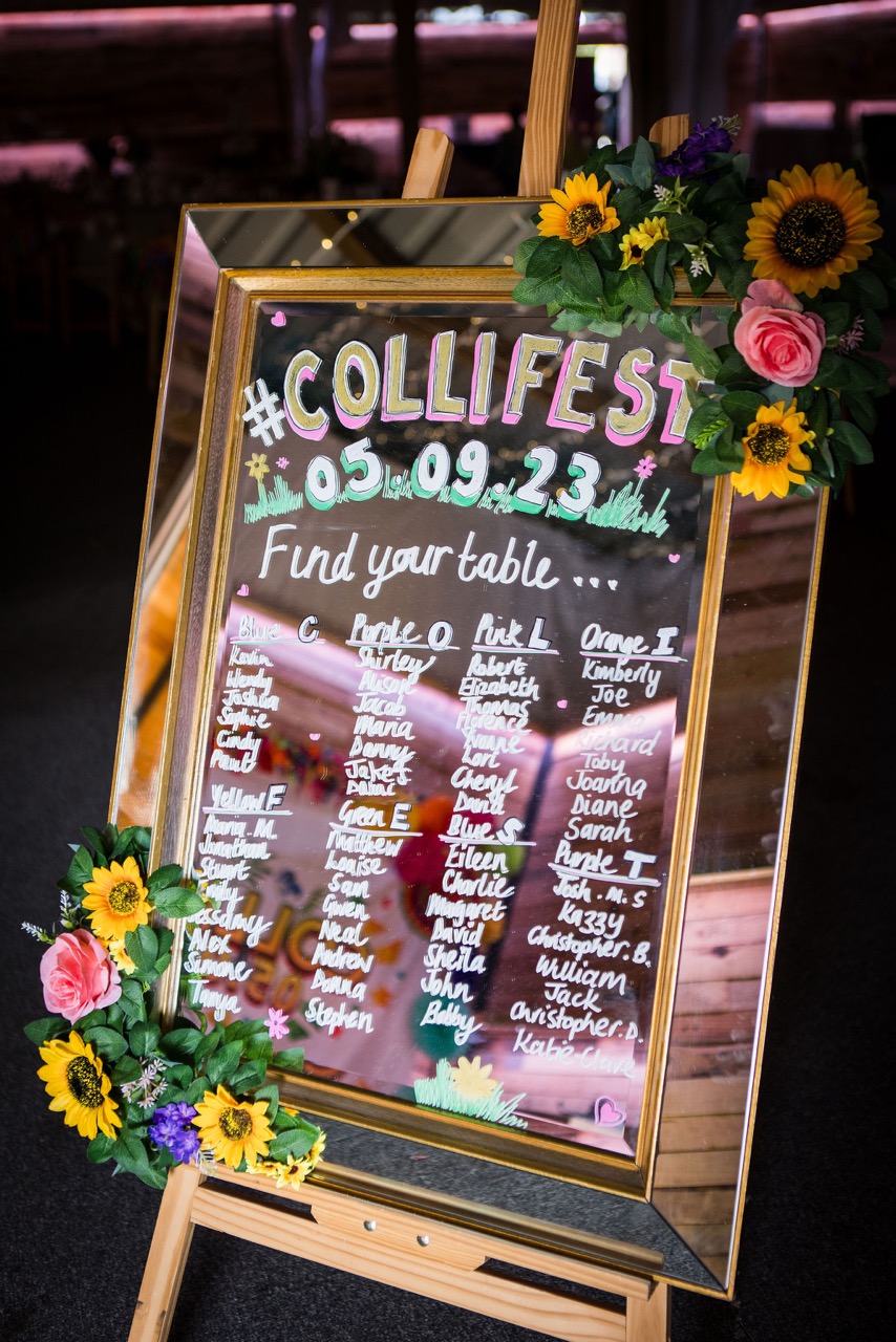 handmade seating plan made with chalk pens on a large mirror - DIY festival wedding signage