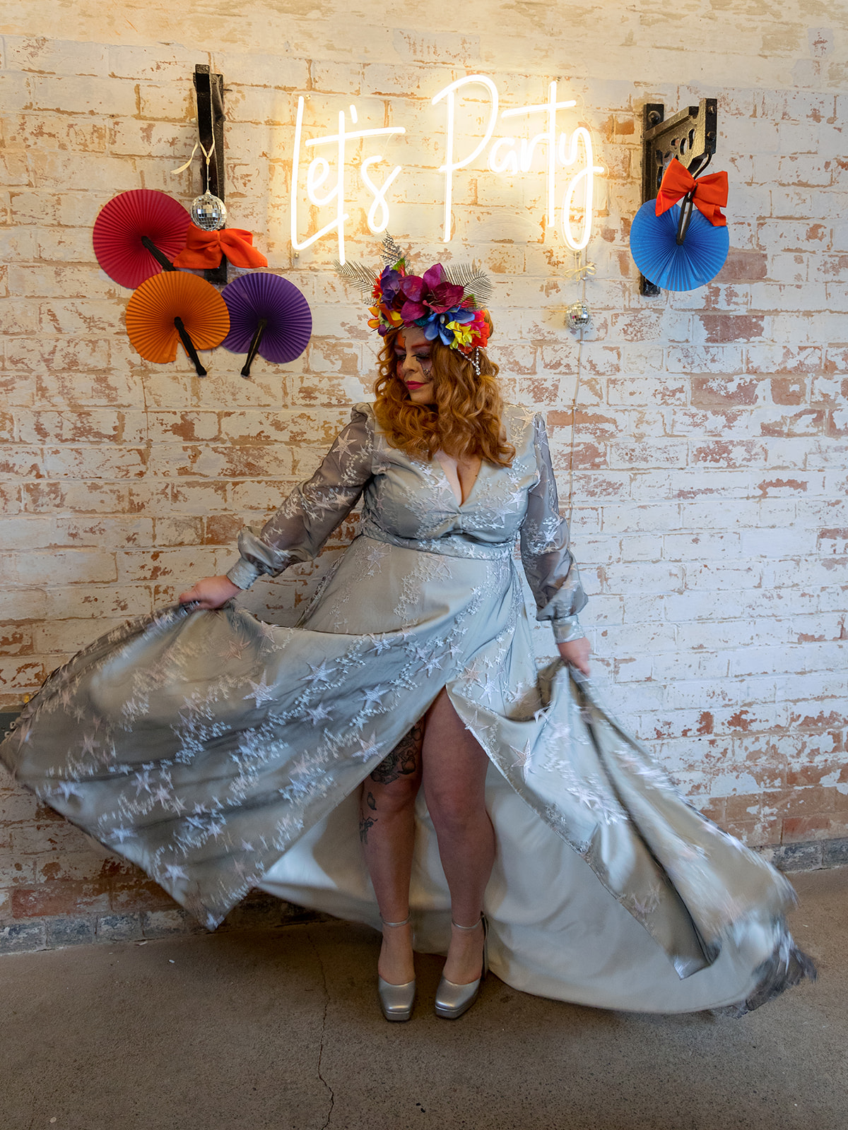 bride wearing colourful headdress and celestial wedding dress