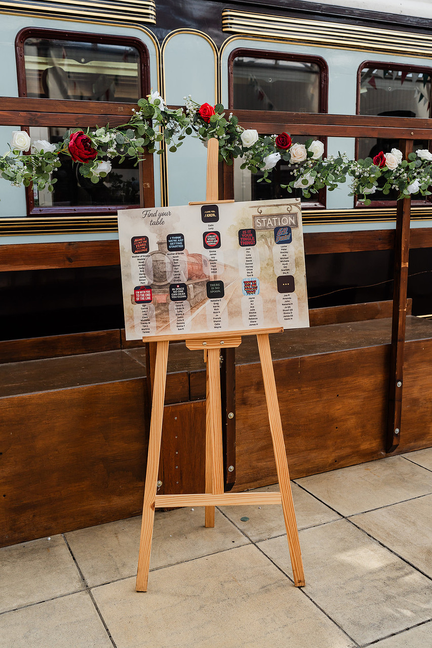 film inspired wedding table plan stood in front of a vintage train carriage