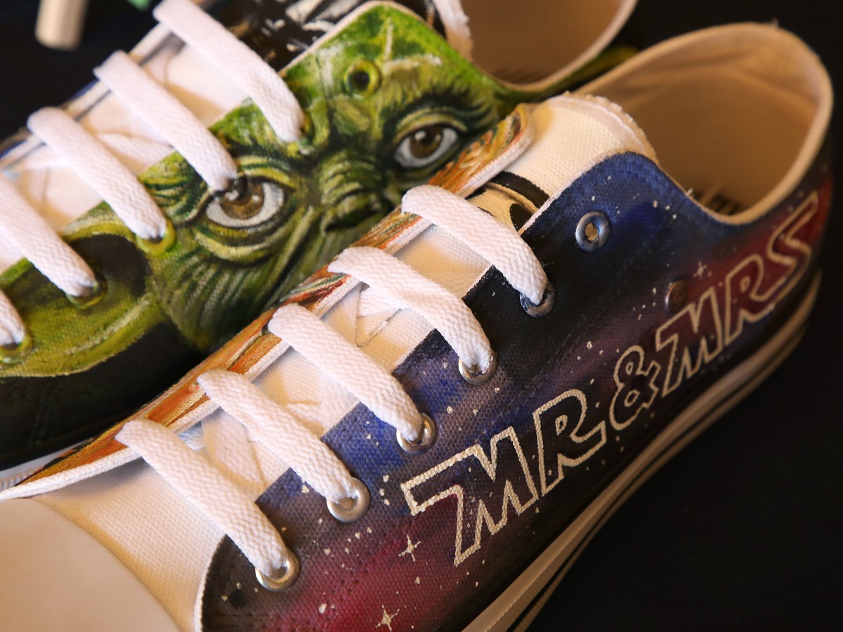 Star Wars wedding inspiration - by Pink Photographics - alternative wedding ideas - hand painted mr and mrs trainers from shoodle shoes