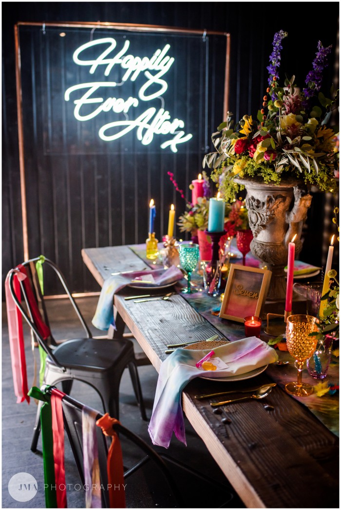 Jemma Mickleborough Photographer - Rainbow Unicorn Wedding - Northstar Club - Tablescape - Rainbow - Ribbons - Colourful wedding