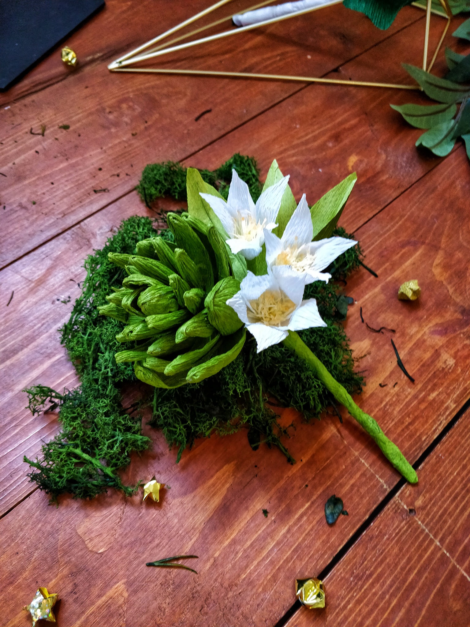 paper buttonhole for alternative wedding by arlo arts - green button hole with white flower