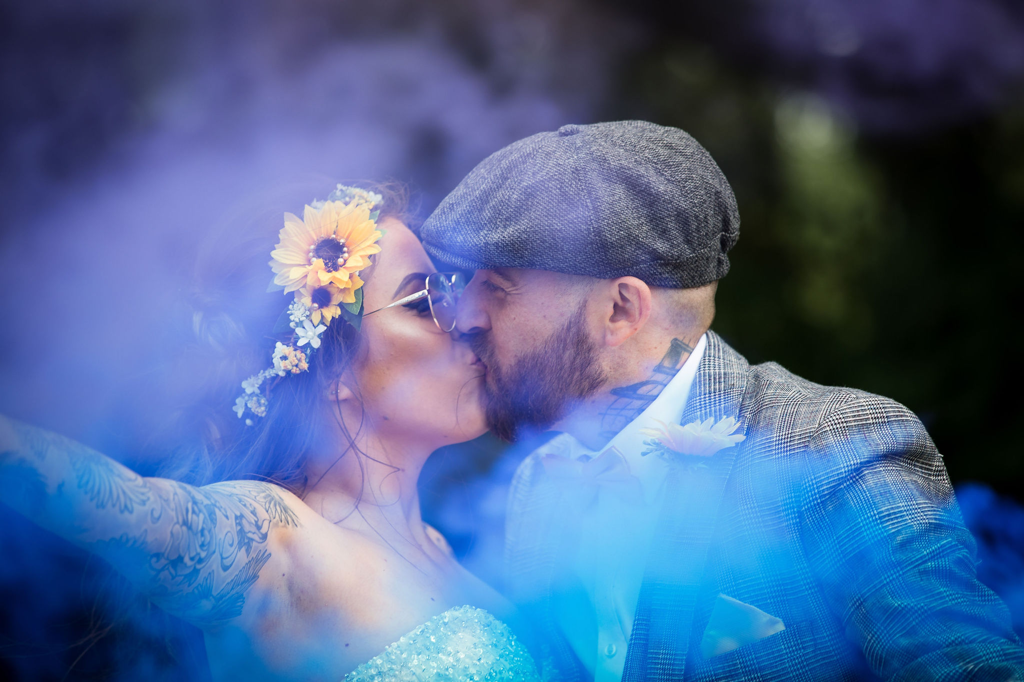 Harriet&Rhys Wedding - alternative wedding couple shot with smokebombs - tattooed bride
