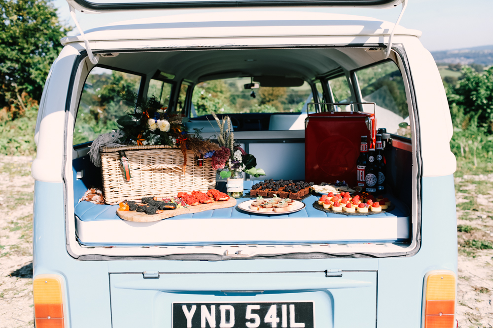 picnic in the back of a camper van - micro-wedding - forest elopement - small weddings - alternative wedding - outdoor wedding - covid wedding