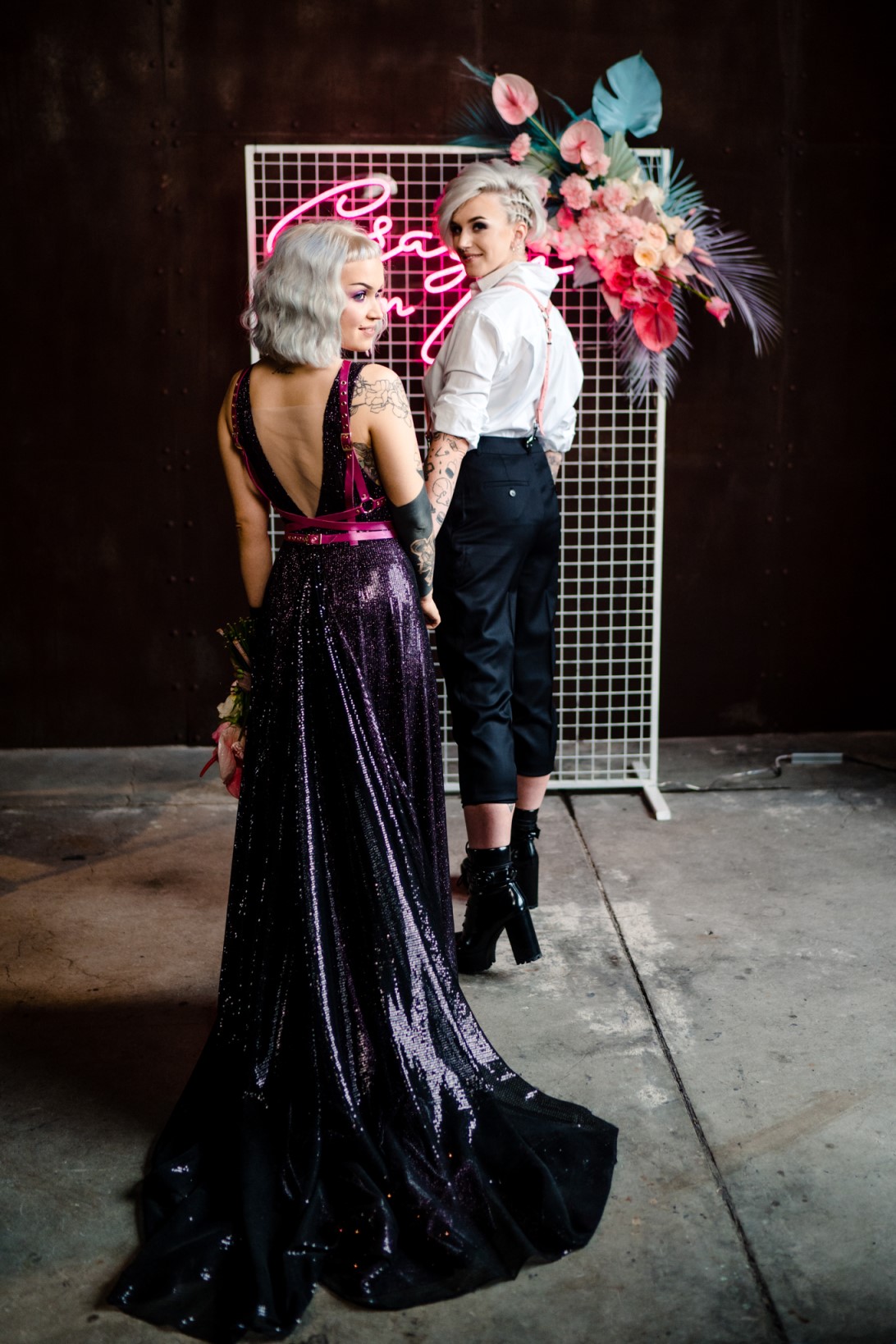 Individual Wedding Inspiration- Alexandra Fehér Photography- unique wedding inspiration-rock and roll wedding inspiration- neon wedding- lgbtq wedding- same sex wedding- rock and roll wedding- bridal photoshoot- alternative wedding dress- unique bridalwear