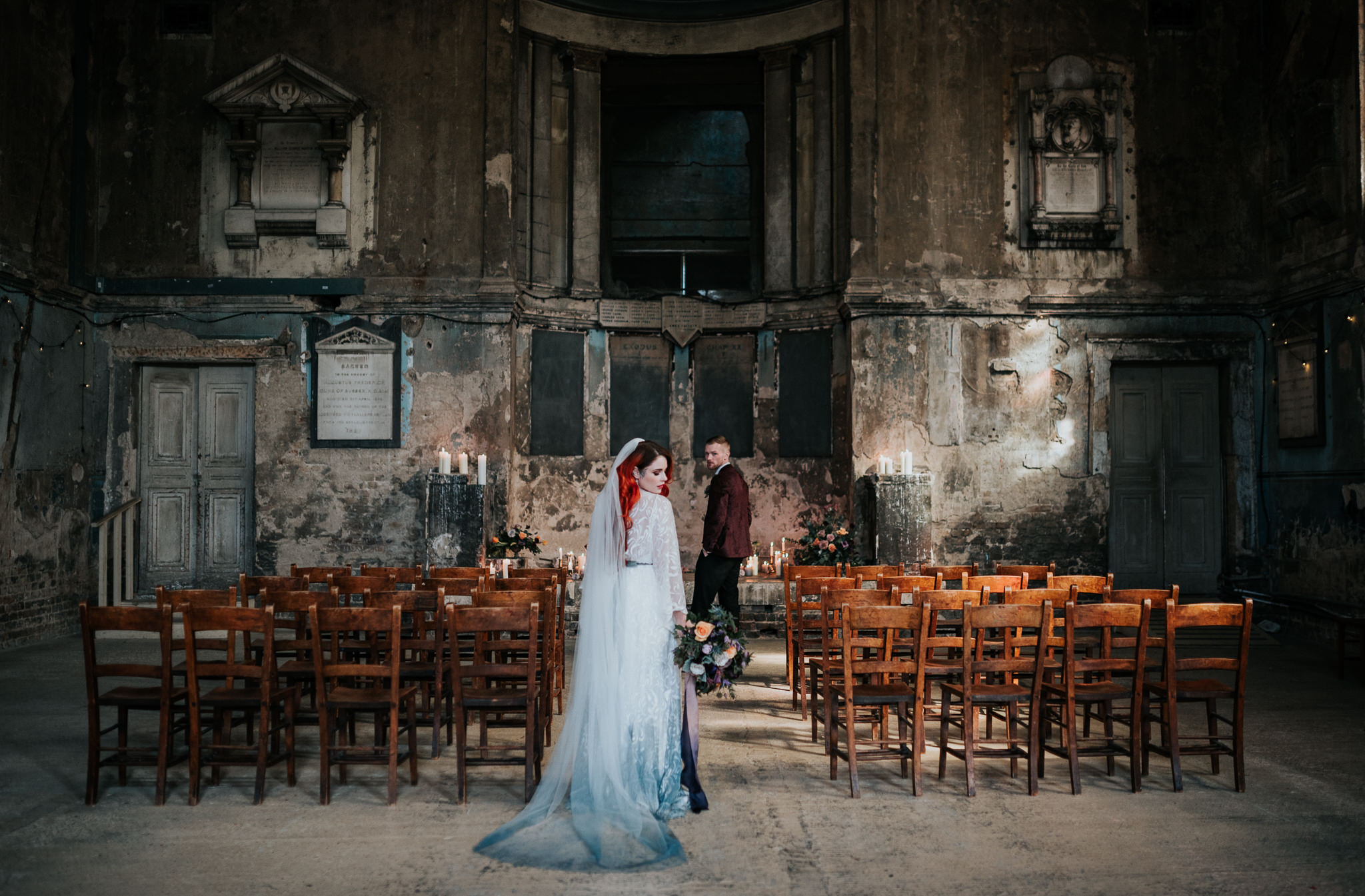 alternative chapel wedding- asylum london- unique london wedding venue- london wedding venue- Jenny Appleton Photography- gothic wedding venue- dip dye wedding dress