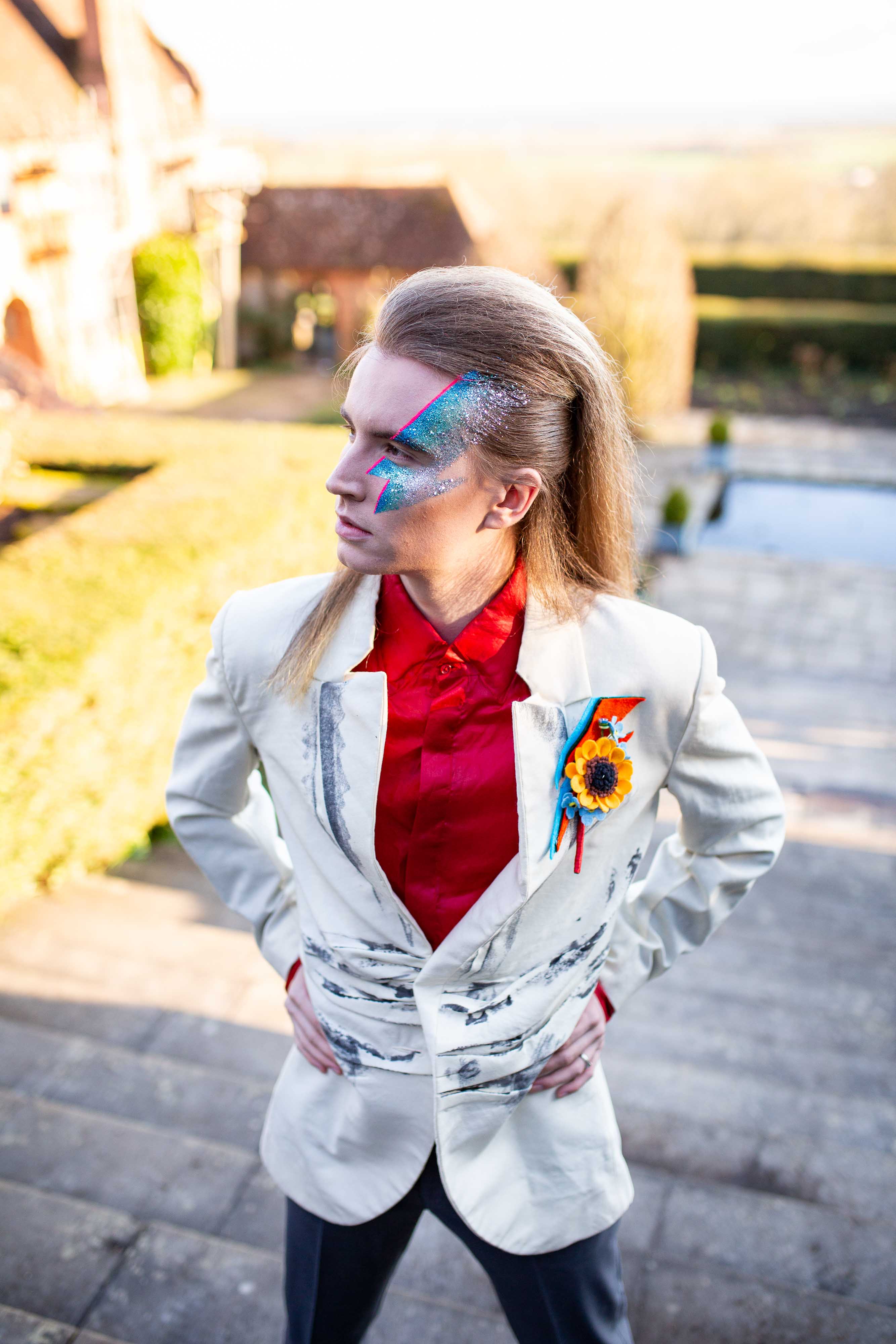 wedding menswear- alternative groomswear- music themed wedding- bake to the future- florence berry photography- davie bowie suit- eccentric wedding- starman wedding- davie bowie wedding