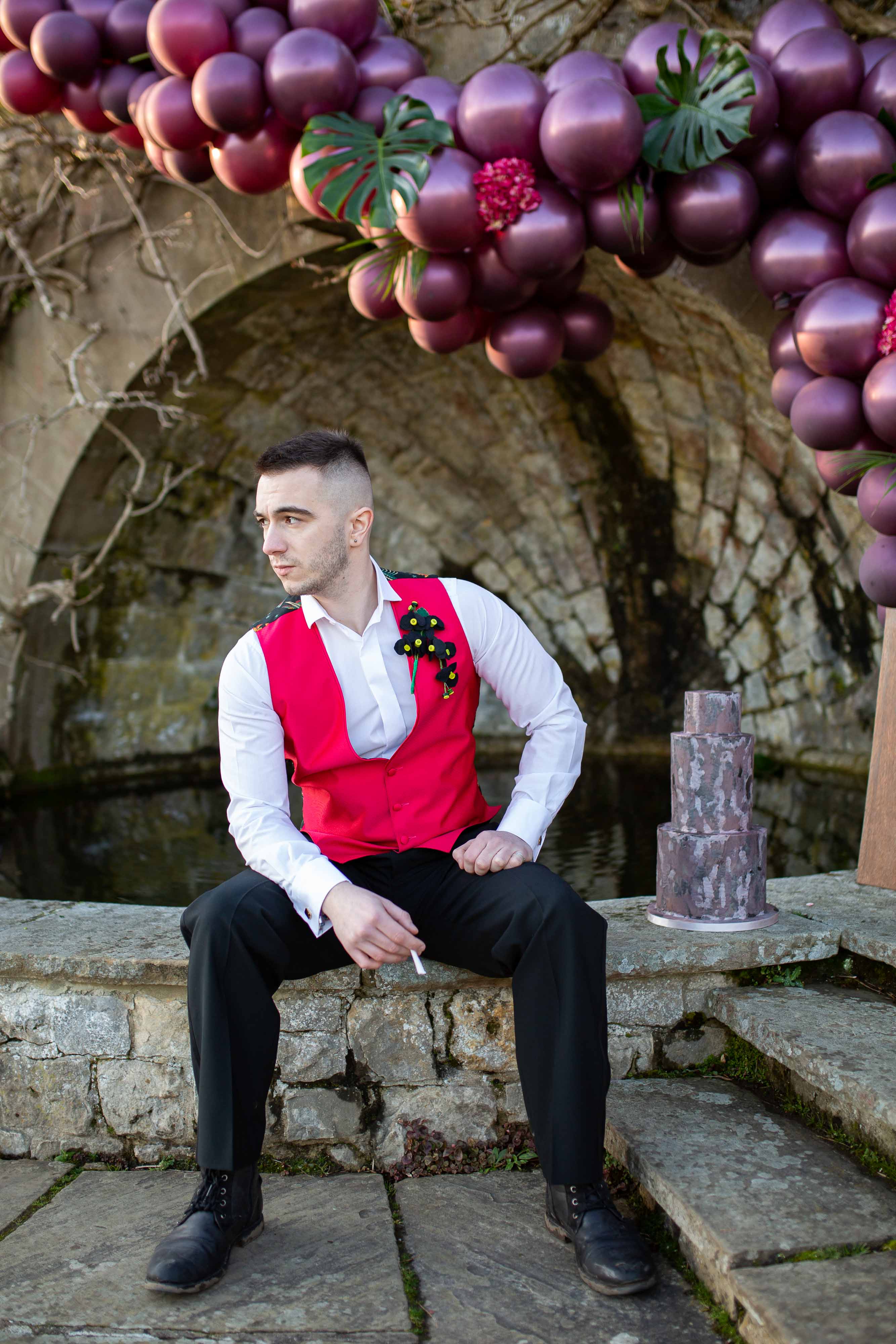 wedding menswear- alternative groomswear- music themed wedding- bake to the future- florence berry photography- mens red waistcoat- punk wedding