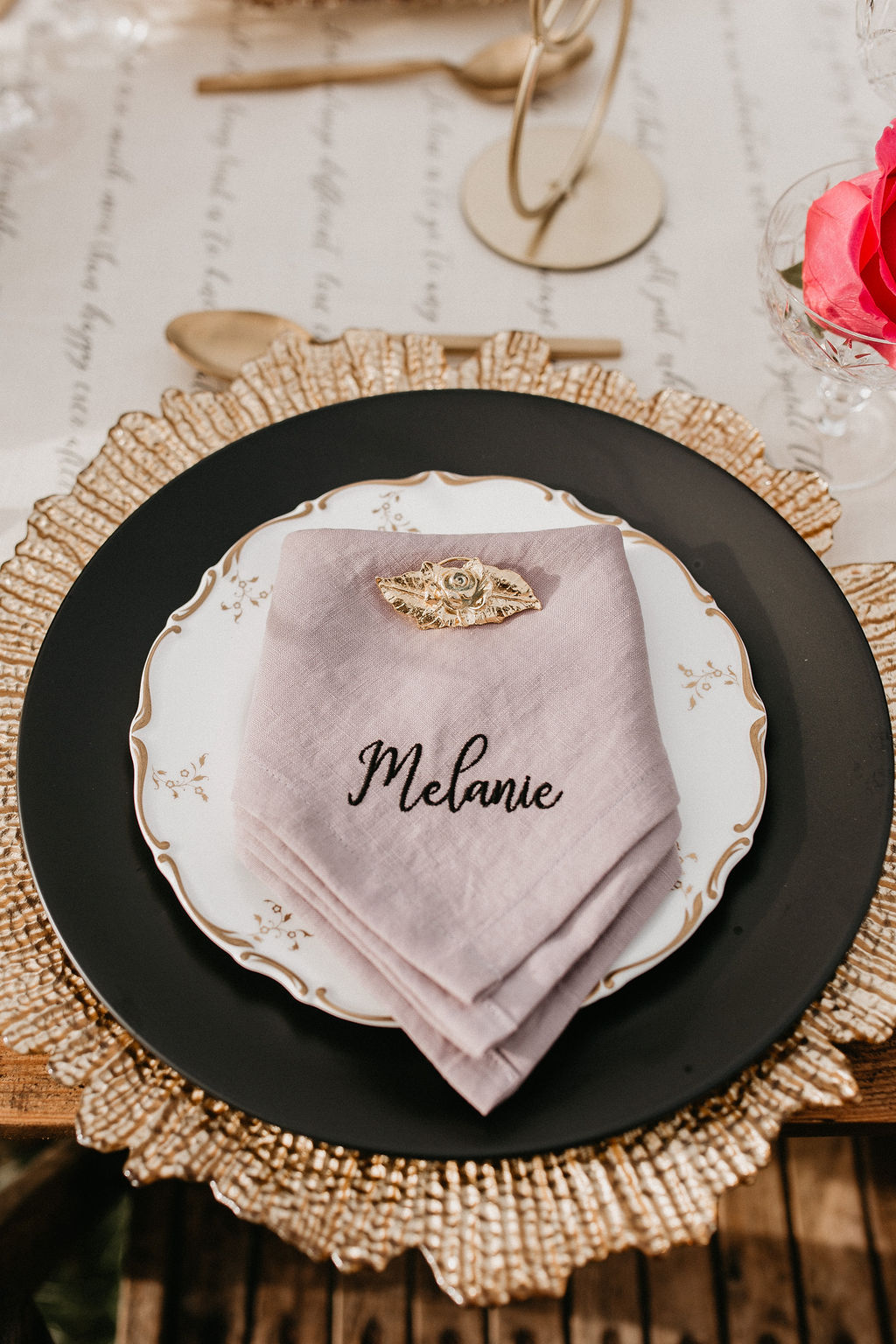romantic woodland wedding - whimsical wedding- shakespeare wedding- unconventional wedding- embroidered napkin- bespoke wedding napkin