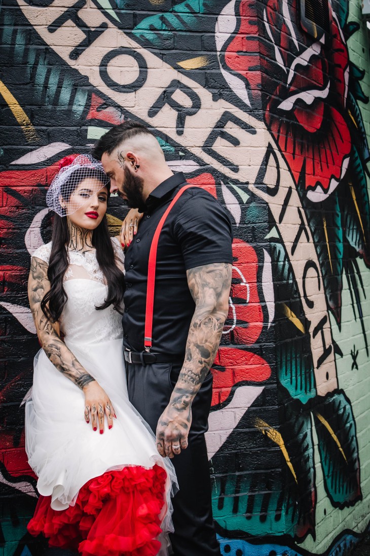 Urban Rockabilly Wedding - Urban Wedding - Magpie-Eye Photography- Unconventional Wedding- alternative bridalwear- retro bridalwear- retro wedding dress- groom in red suspenders