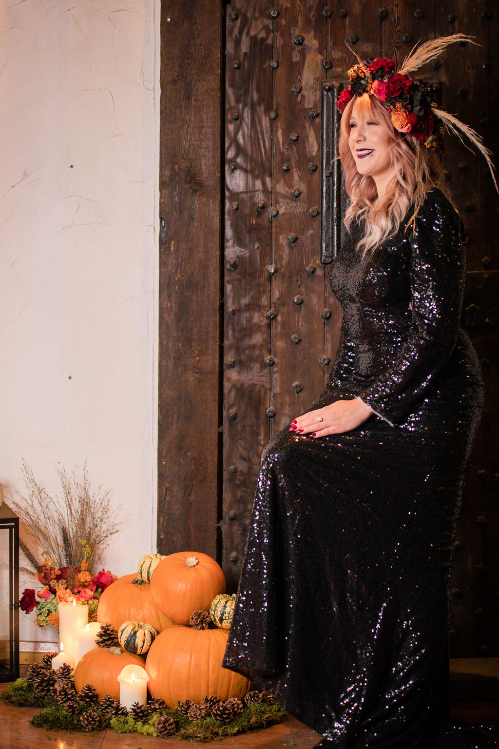 dark autumn wedding - halloween wedding - bride with pumpkins - black wedding dress - autumn bride - alternative wedding dress
