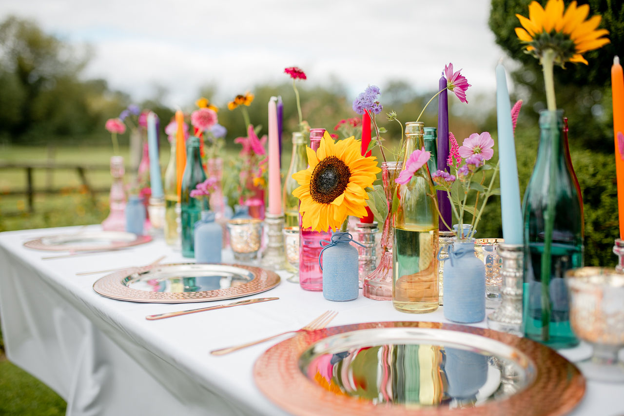 colourful wedding table - wedding sunflowers - eclectic wedding table