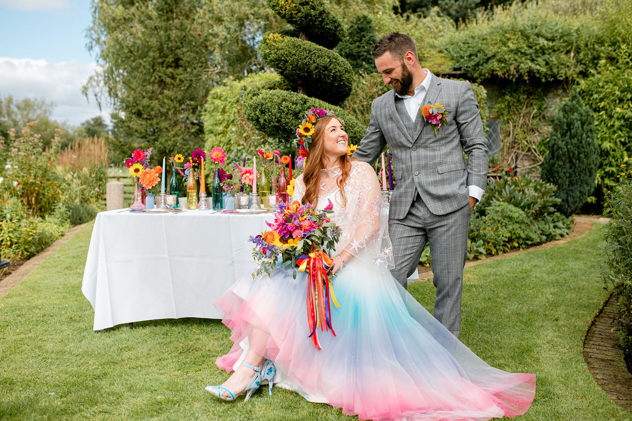 rainbow wedding - ombre wedding dress - outdoor wedding - colourful wedding - bridal flower crown