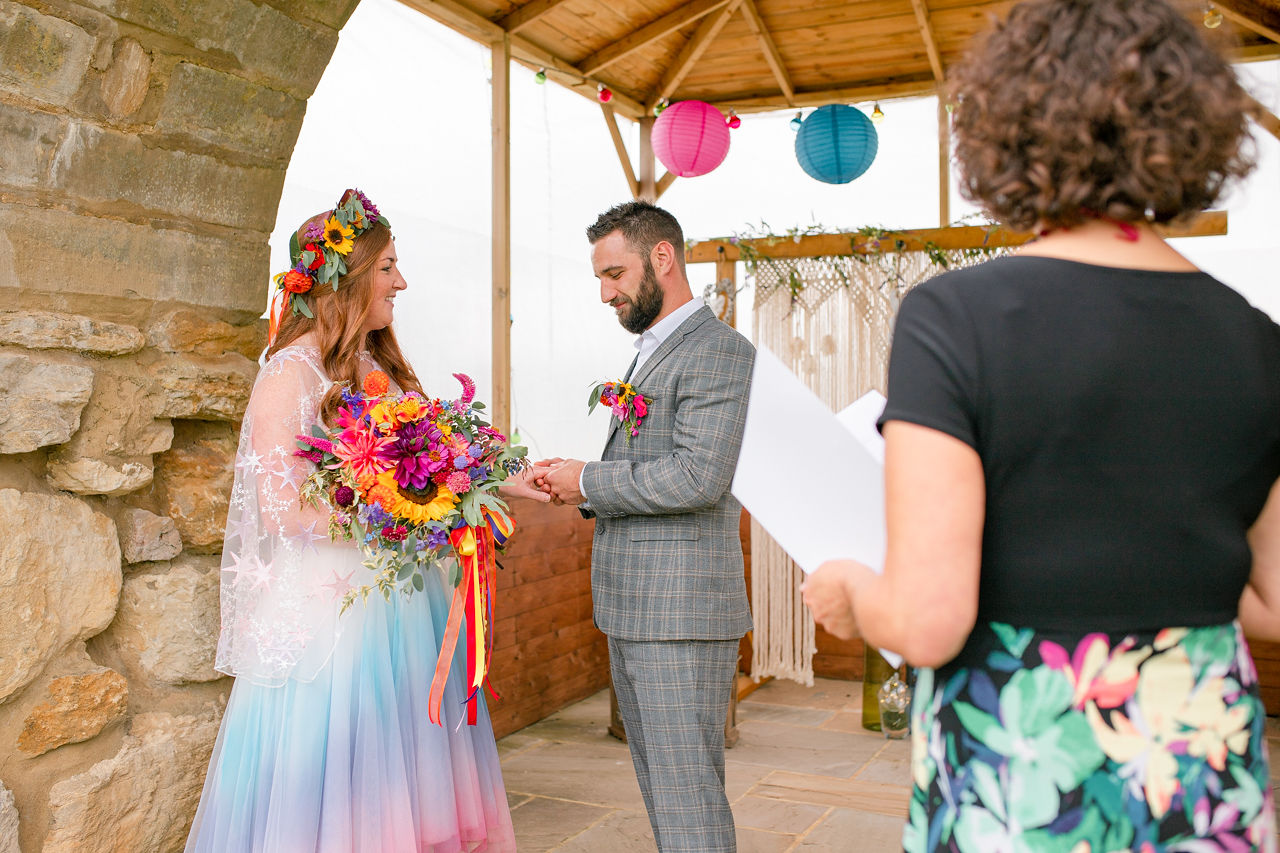 celebrant wedding ceremony - rainbow wedding - colourful wedding - colourful wedding dress - colourful wedding flowers