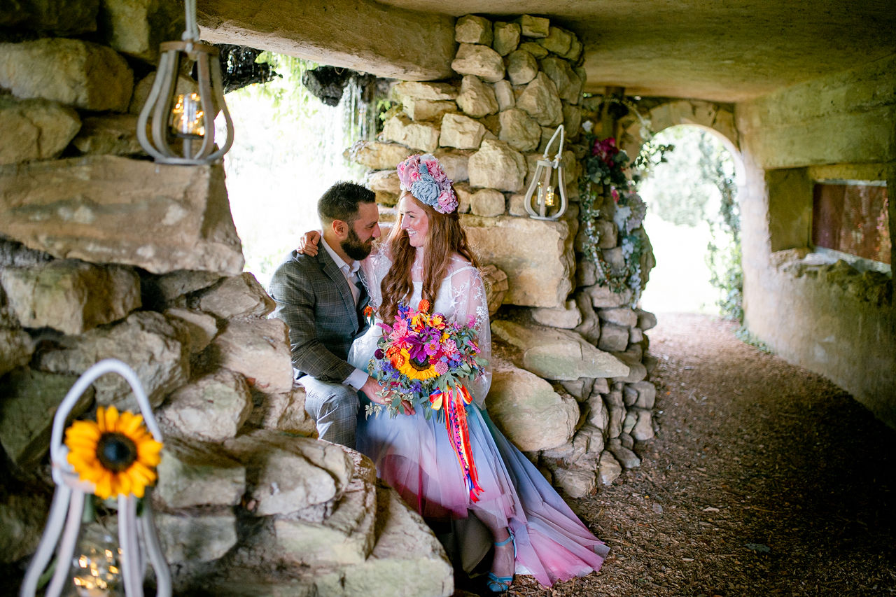 outdoor colourful wedding - outdoor wedding venue - colourful bridal wear - ombre wedding dress