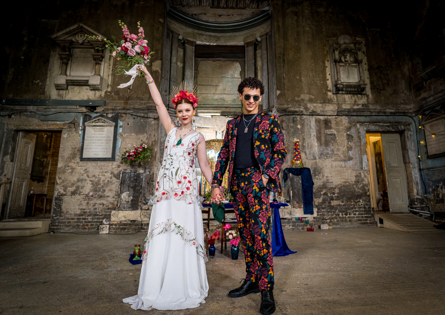 colourful alternative wedding - alternative bridal wear - embroidered wedding dress - unique grooms wear - patterned grooms suit - fun wedding photos