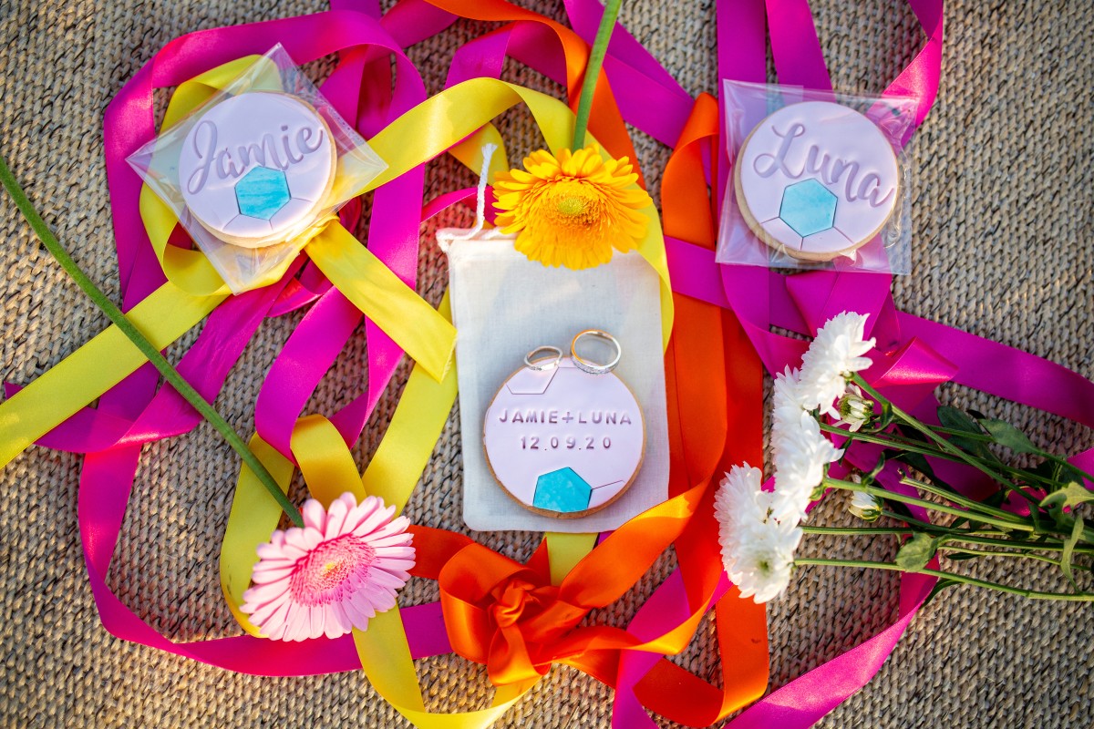 rainbow festival wedding - colourful wedding - quirky wedding ideas - personalised wedding cookies