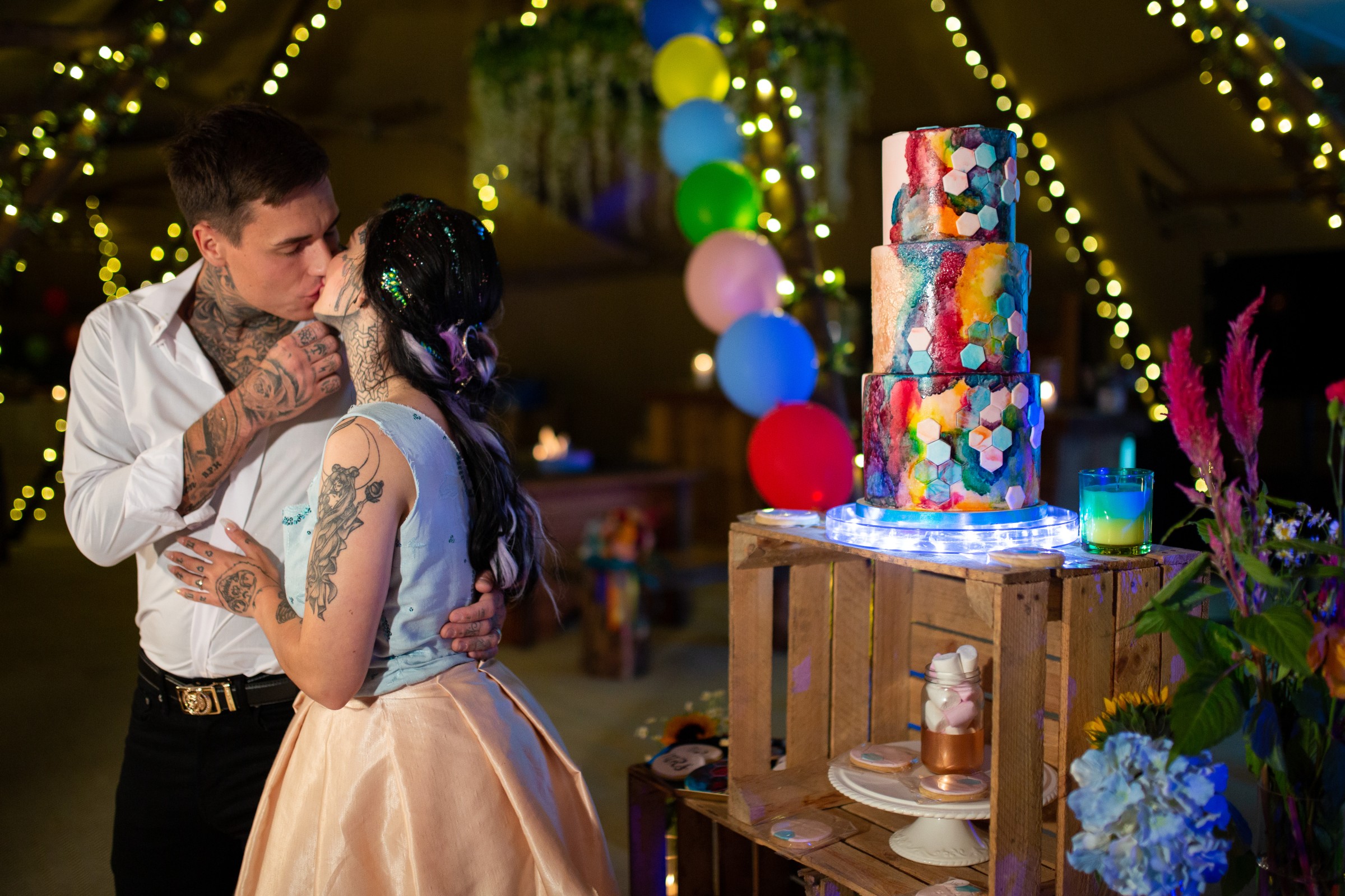 rainbow festival wedding - colourful wedding - quirky wedding ideas - rainbow wedding cake - colourful wedding cake - quirky wedding cake