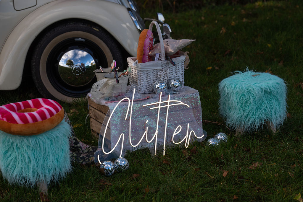 glitter wedding - festival bridal looks - fun festival wedding - alternative bridal wear - wedding photobooth props