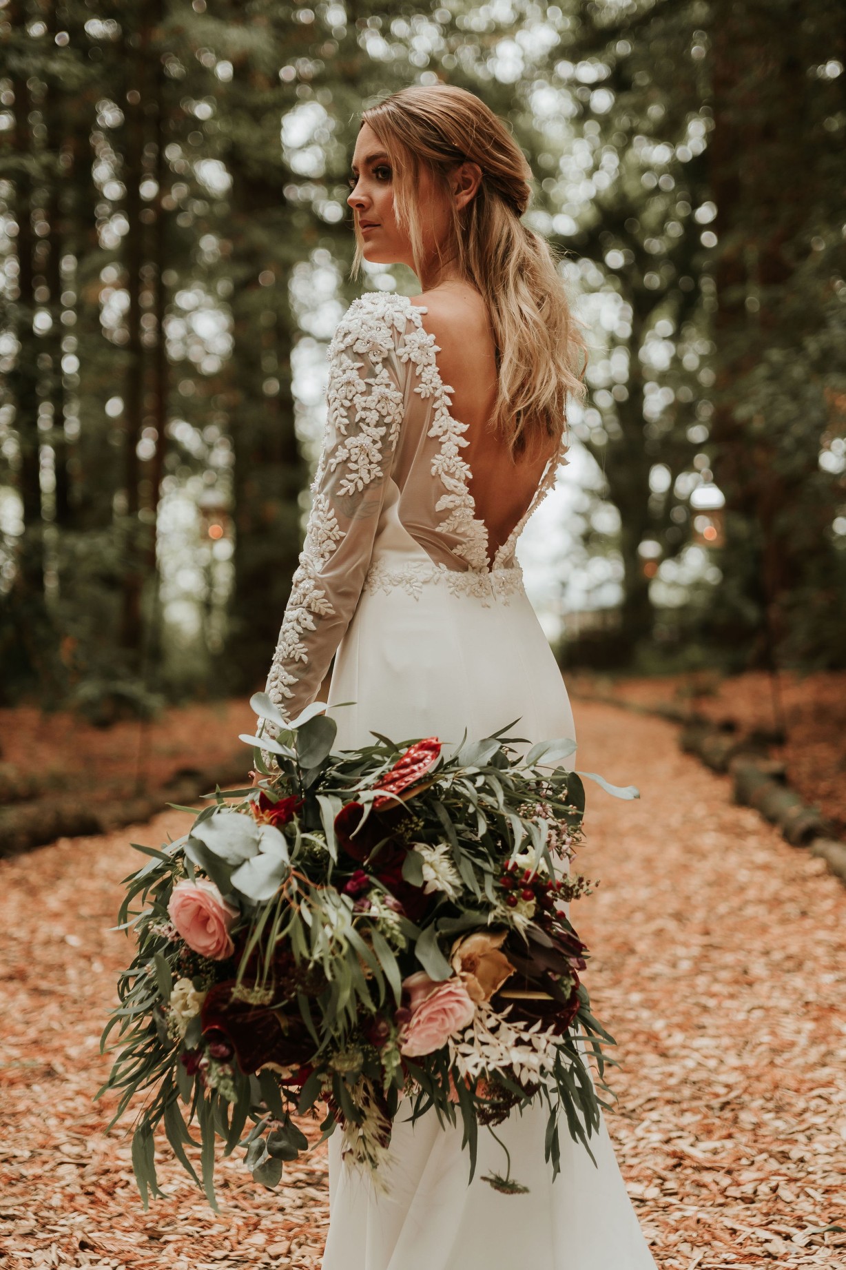 modern woodland wedding - elegant wedding dress - bold wedding bouquet
