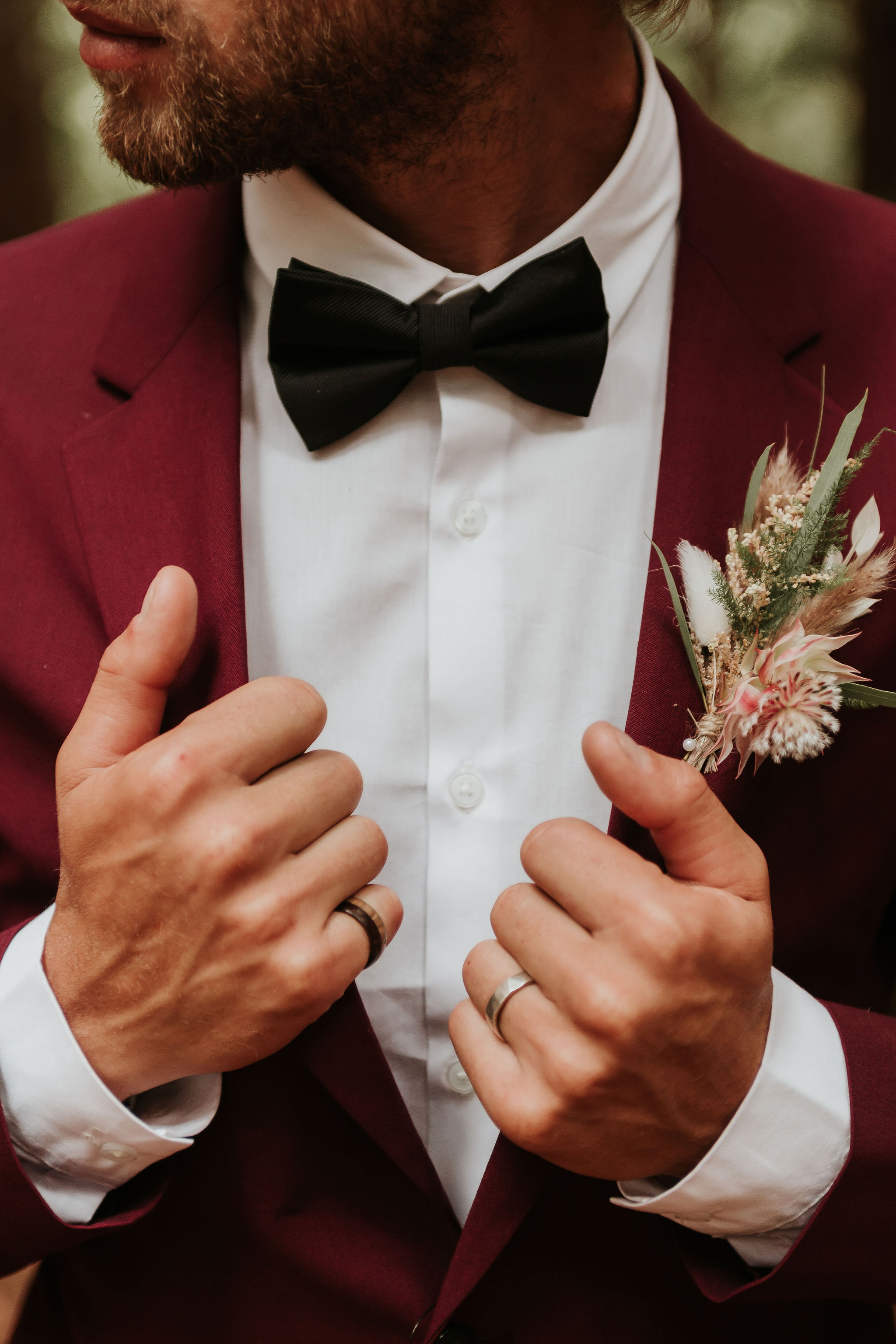 mens burgundy suit and black bowtie - unique groomswear - alternative grooms wear