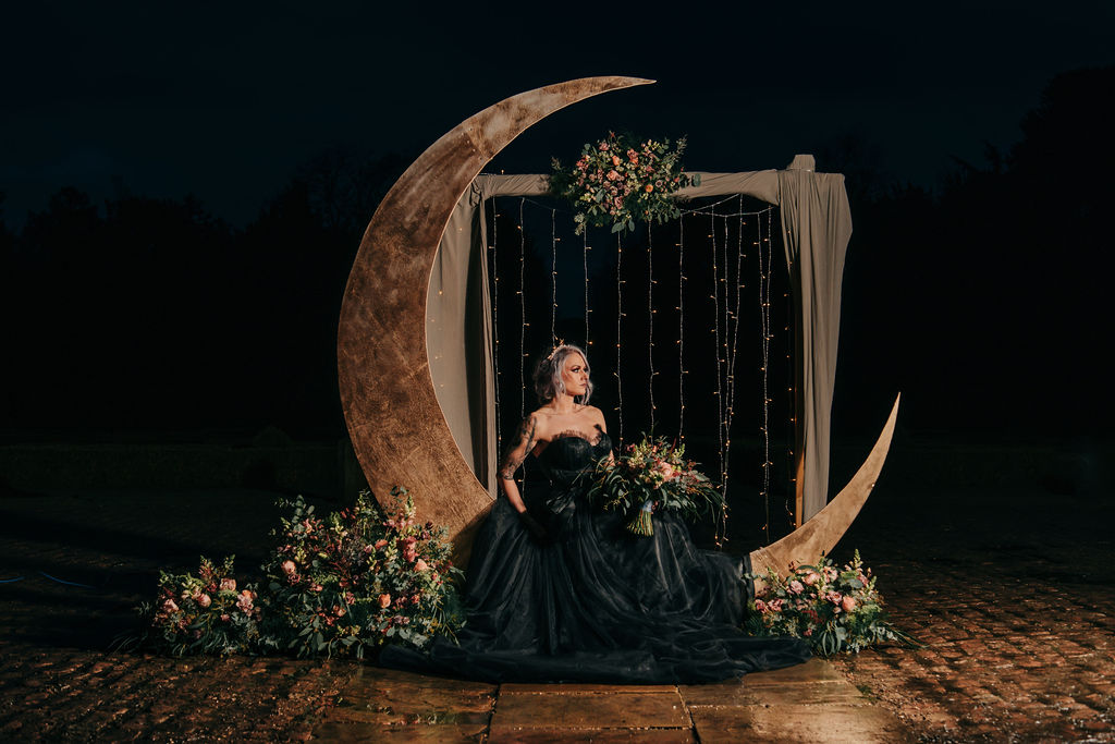 gothic celestial wedding - black wedding dress - wedding moon prop - unique wedding prop hire - unique wedding styling