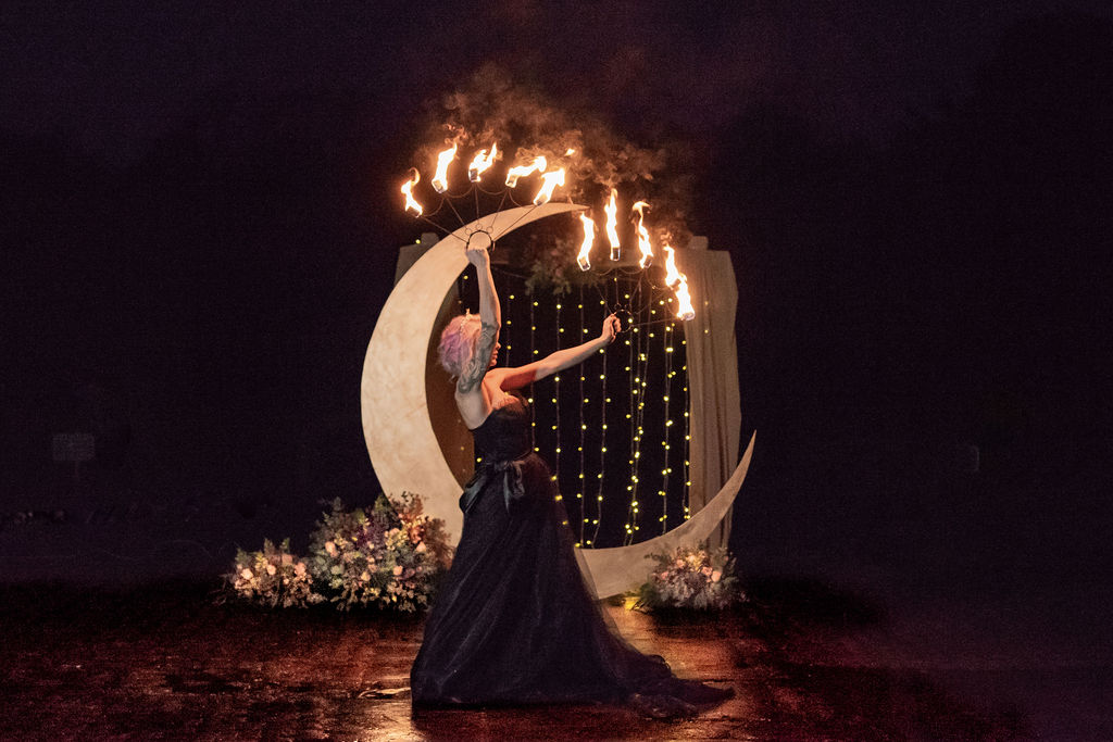 celestial wedding moon prop - black wedding dress- wedding fire performance