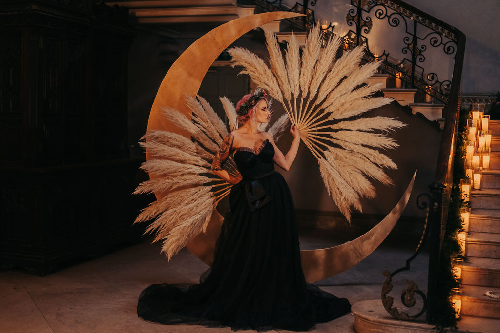 celestial gothic wedding - moon wedding prop - black wedding dress - wedding pampas grass - alternative wedding