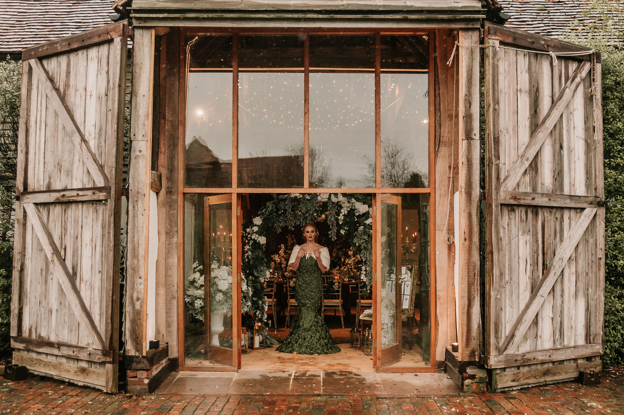 winter wedding inspiration - unique wedding dress and barn wedding venue
