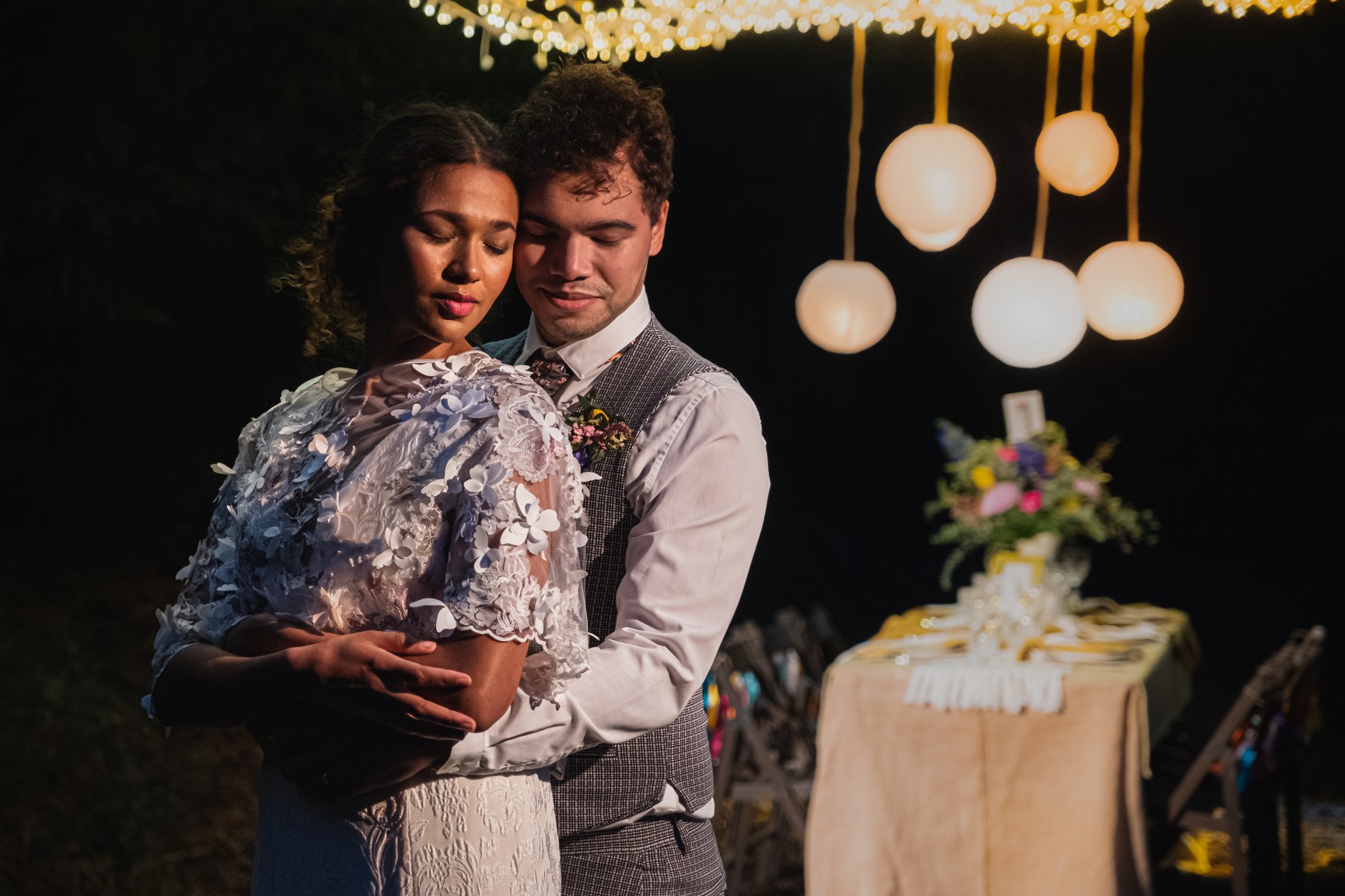 colourful micro wedding at patricks barn - boho wedding - unique wedding lighting - outdoor wedding