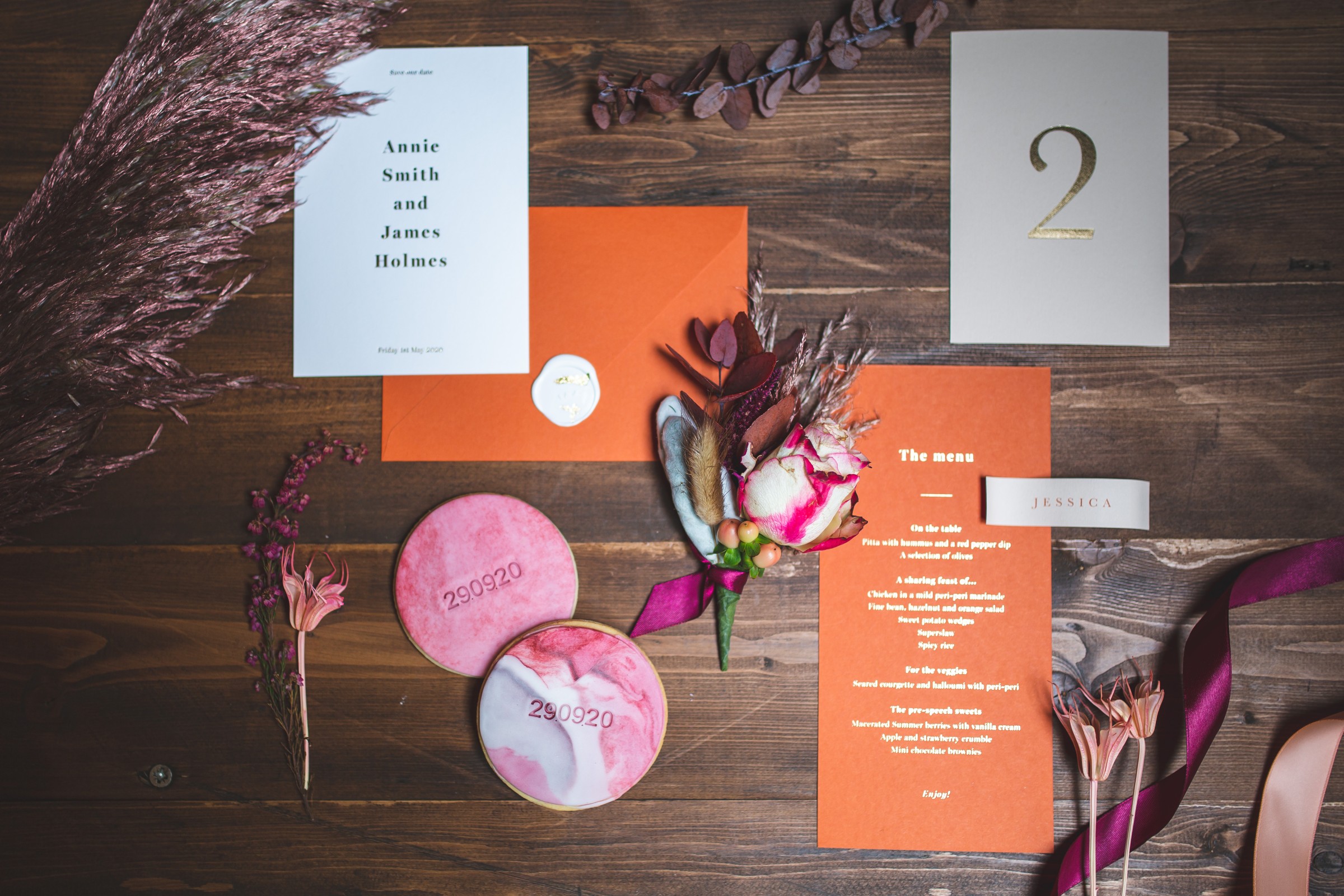 unique wedding stationery - pink and orange wedding stationery - modern wedding stationery - personalised wedding cookies - unconventional wedding