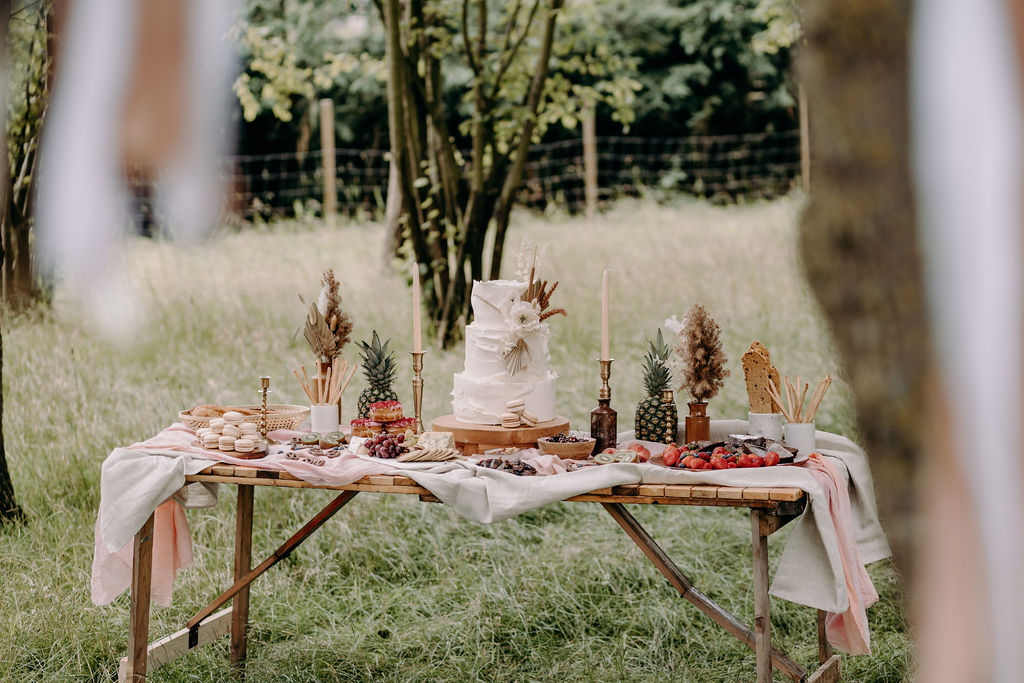 sustainable boho wedding - wedding grazing table - boho wedding cake - wedding picnic