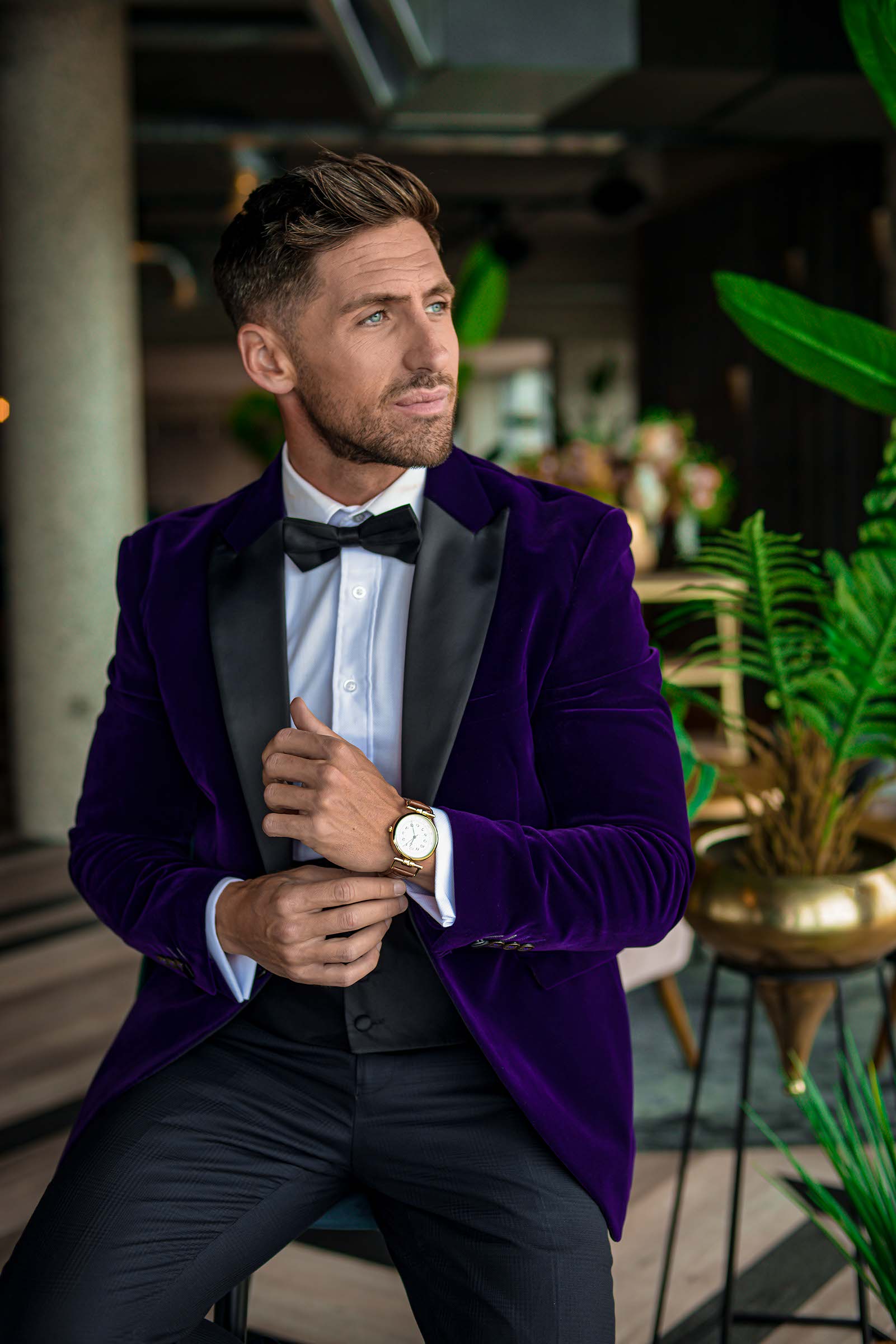 alternative luxe wedding - slytherin wedding - gothic wedding - alternative wedding - purple velvet blazer - velvet groomswear - alternative grooms suit