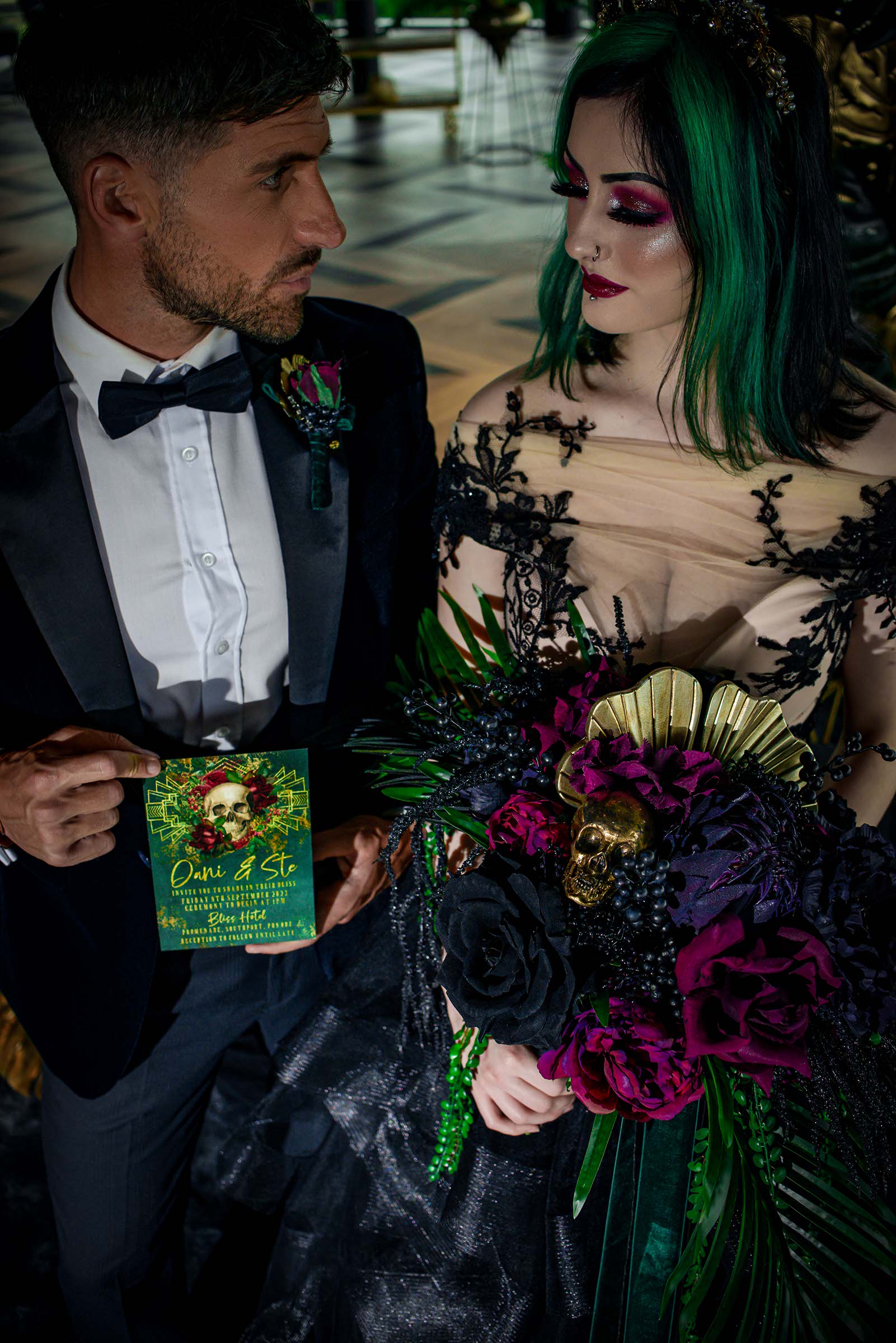alternative luxe wedding - slytherin wedding - gothic wedding - alternative wedding - gothic wedding flowers - alternative wedding stationery