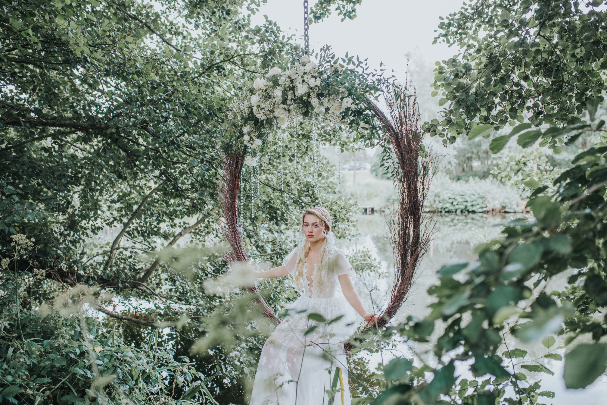 fairy wedding - whimsical wedding - magical wedding - elegant wedding dress - outdoor suspended hoop - wedding hoop