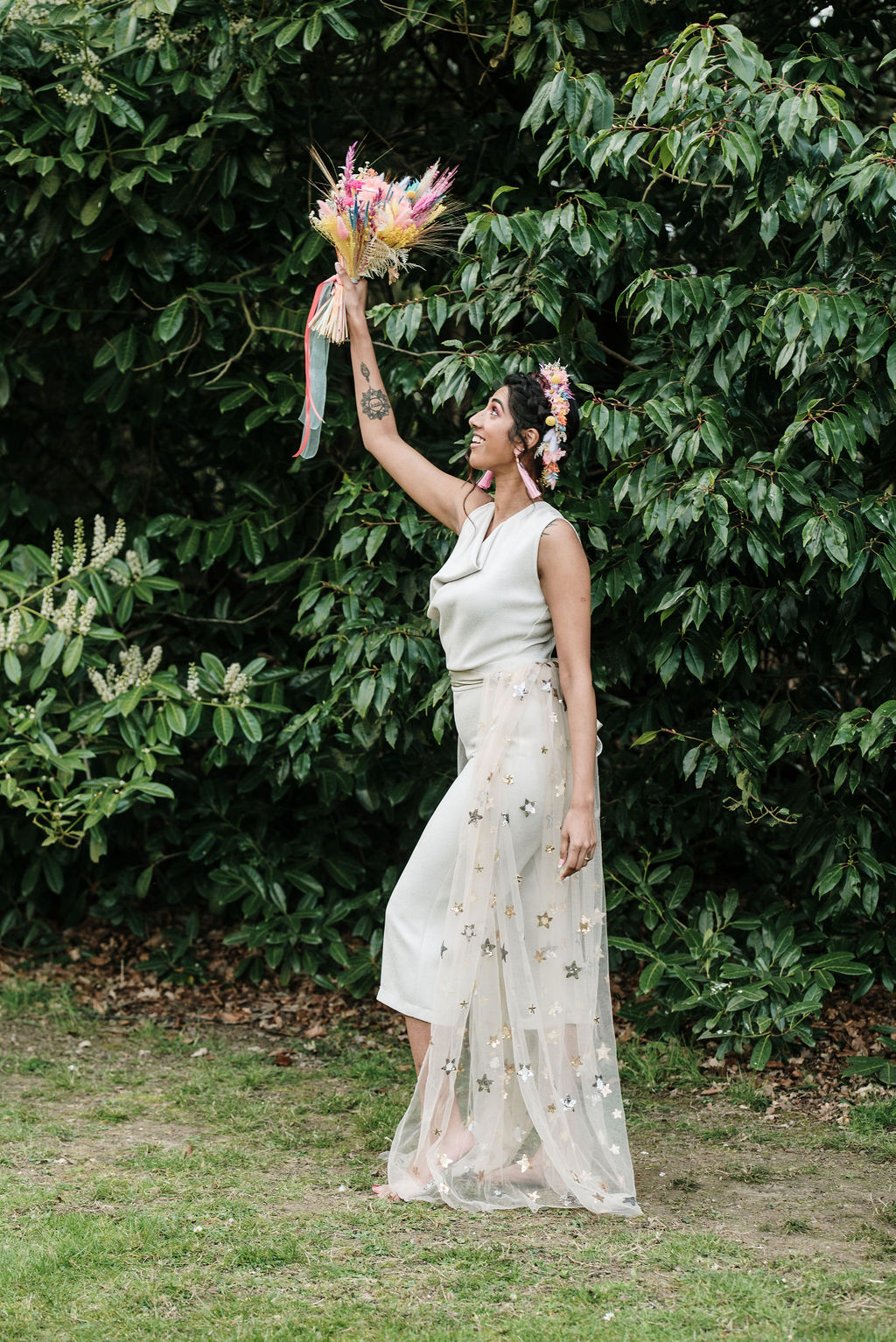 unique bridal wear - bridal jumpsuit - celestial wedding train - festival bride