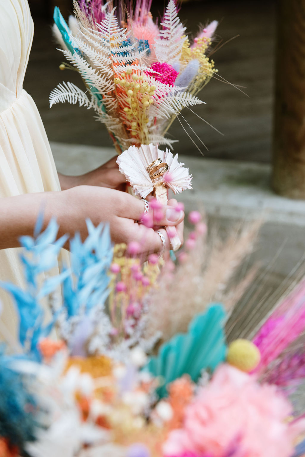 colourful wedding flowers - dried wedding flowers - rainbow wedding flowers