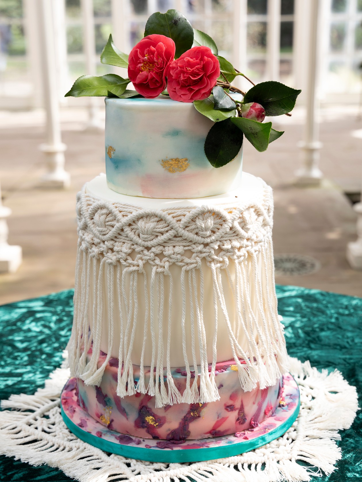 modern boho wedding, boho wedding cake, macrame wedding cake, pastel wedding cake, unique wedding cake