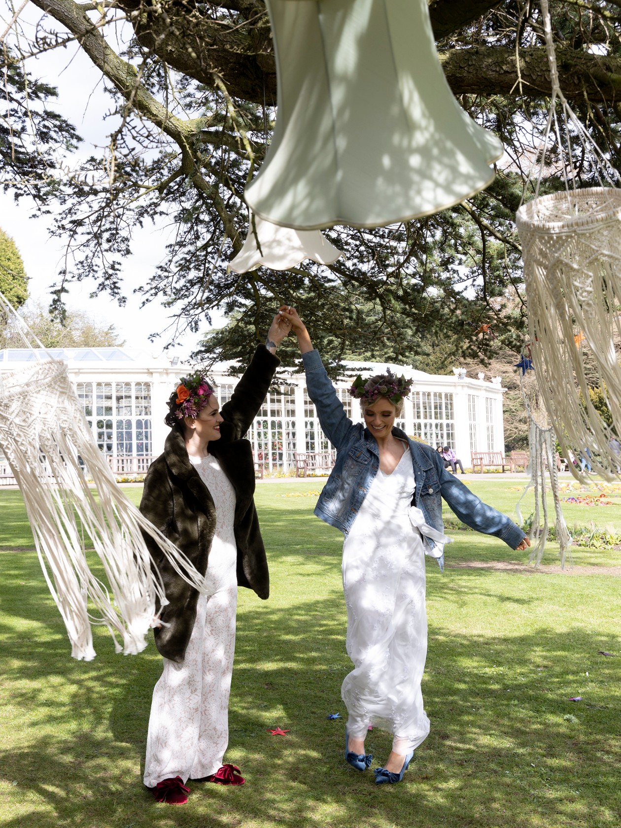 modern boho wedding, brides dancing, bohemian wedding decor, boho micro wedding