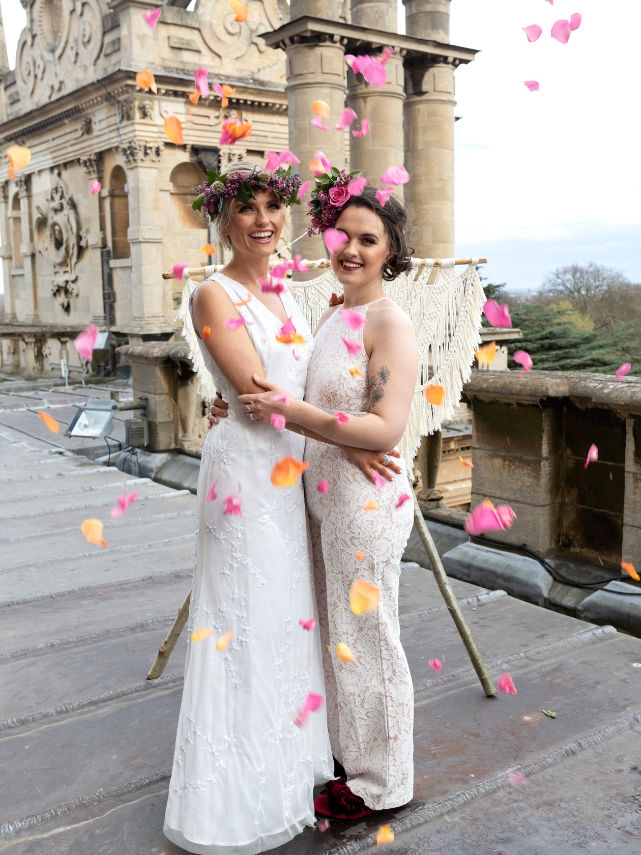 modern boho wedding, same sex wedding, lgbtq wedding, petal confetti, wedding confetti shot, unique boho wedding