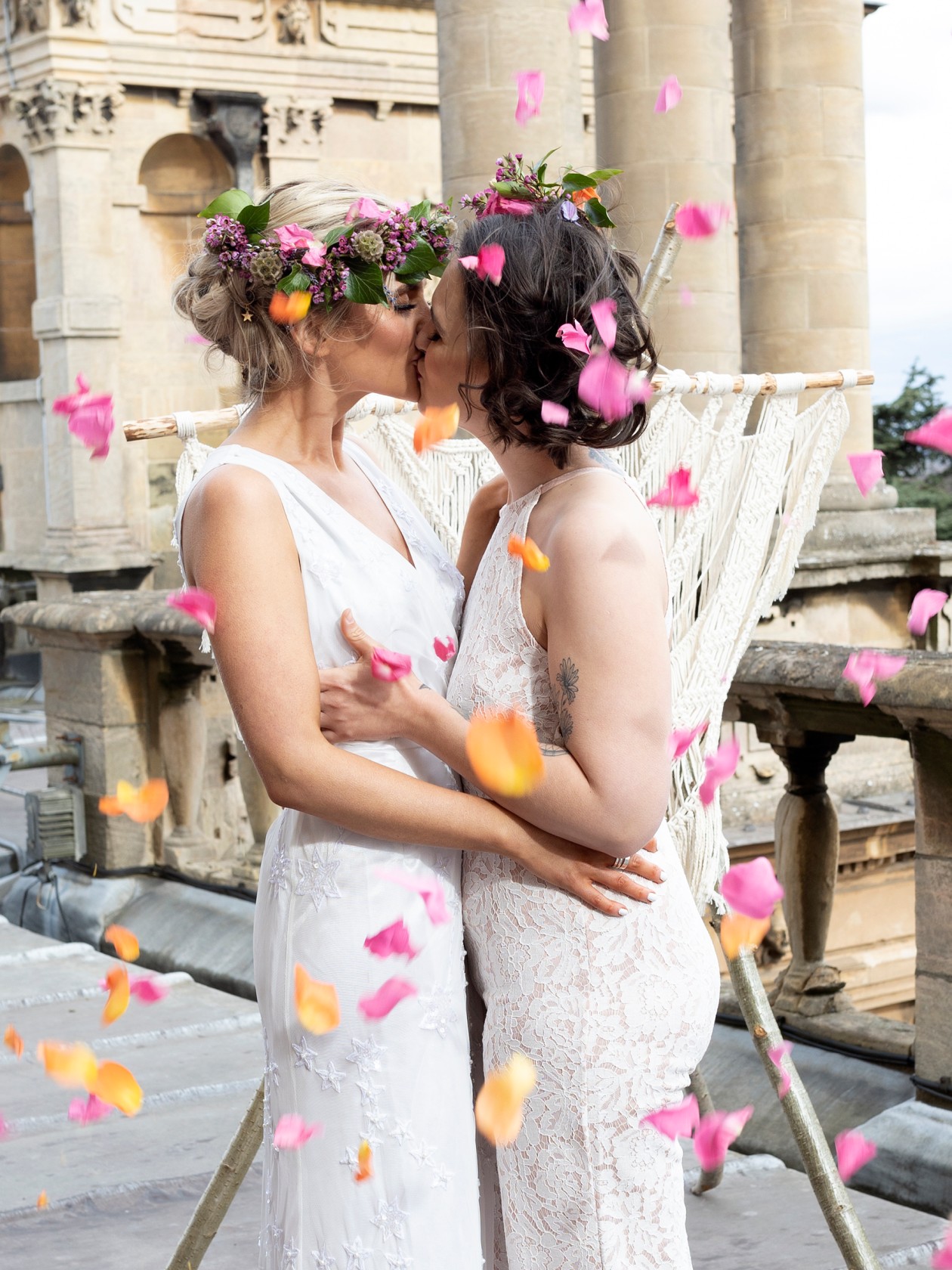 modern boho wedding, same sex wedding, lgbtq wedding, petal confetti, wedding confetti shot