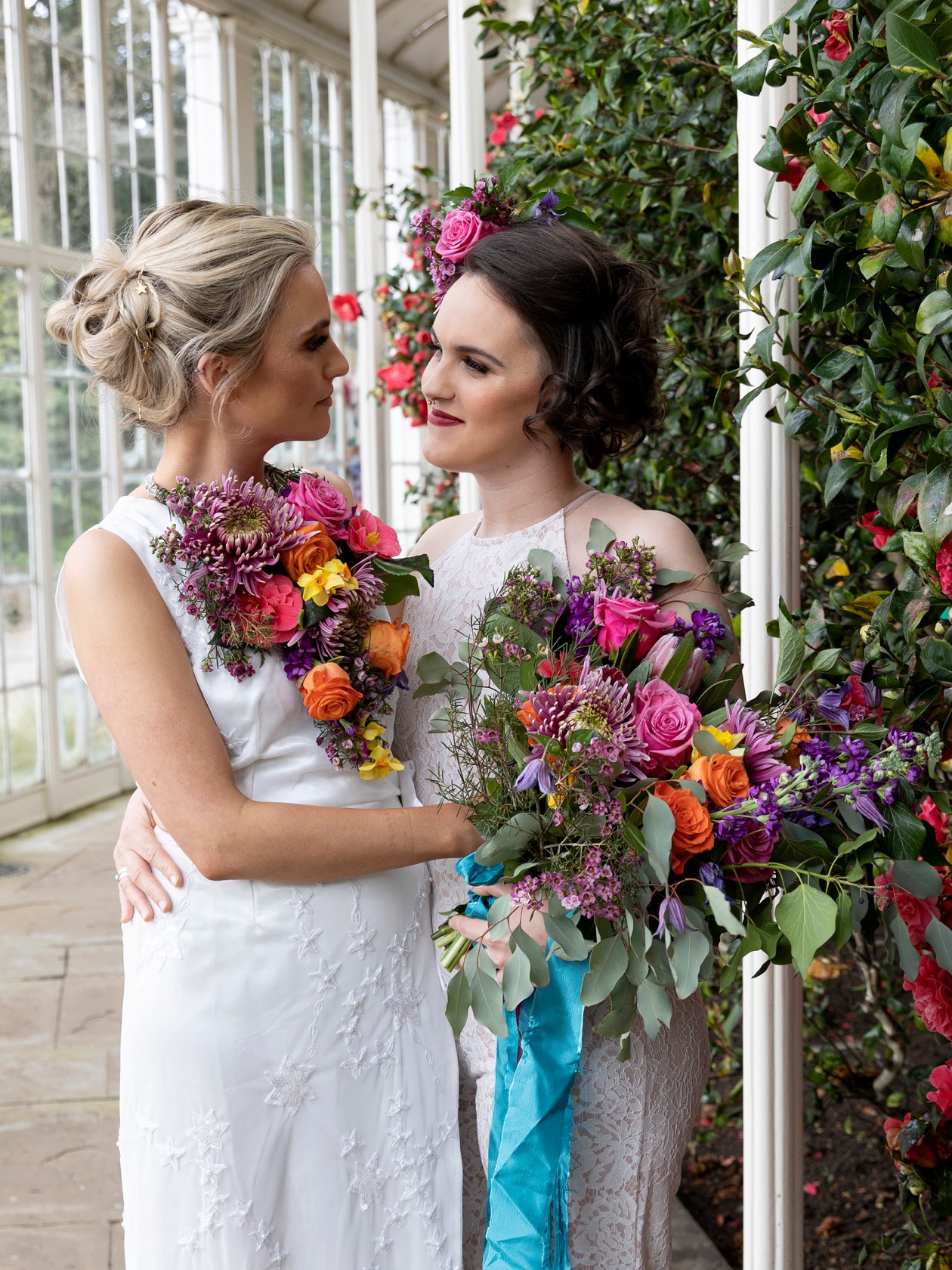 modern boho wedding, unique wedding flowers, rainbow wedding flowers, colourful wedding, bohemian same sex wedding