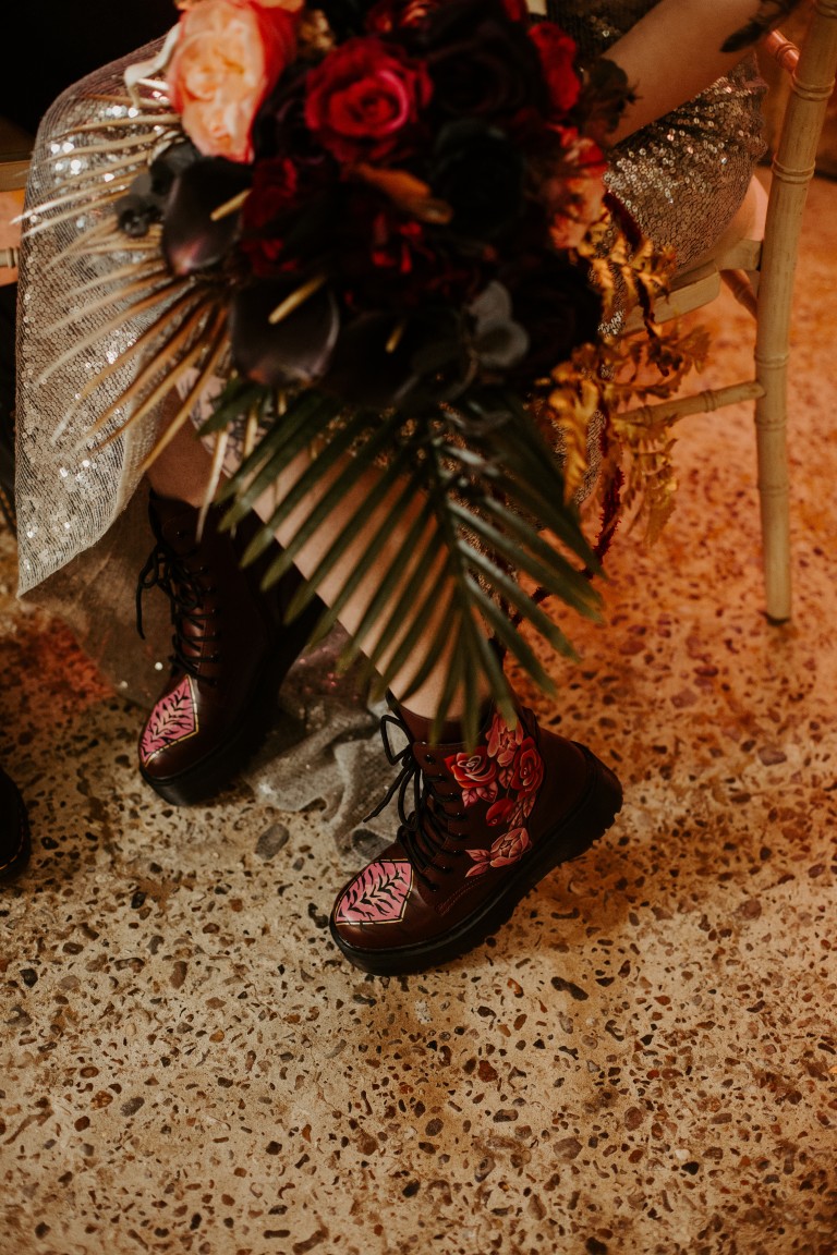 rock and roll wedding - edgy wedding inspiration - hand painted dr martens - alternative wedding flowers