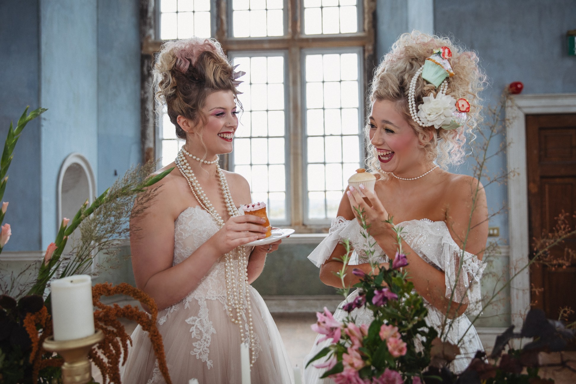 unique pastel wedding - marie antionette wedding - unique bridal look - unique bridal style - themed wedding - brides eating cake - wedding dessert table