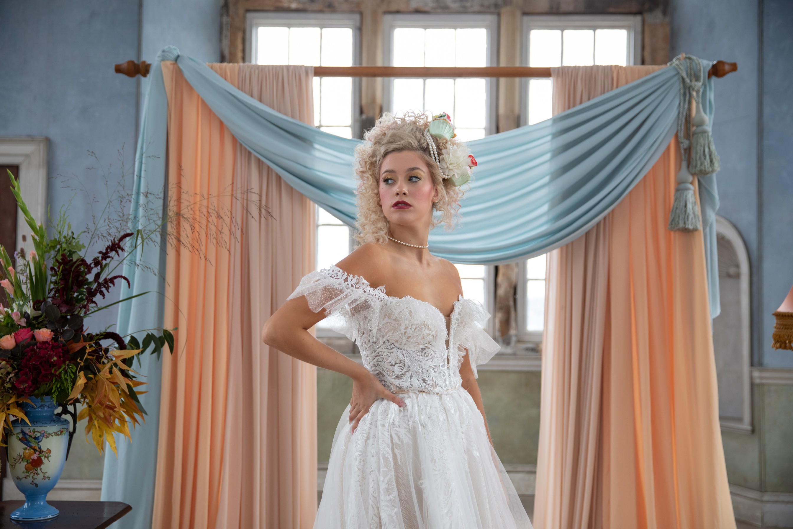 quirky pastel wedding - regency wedding - unique wedding dress - unique wedding hair - unique bridal look