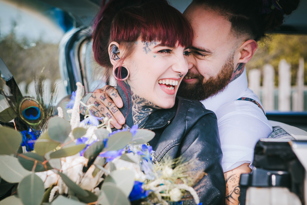 Road trip wedding inspiration - alternative bride and groom - tattooed bride in leather jacket