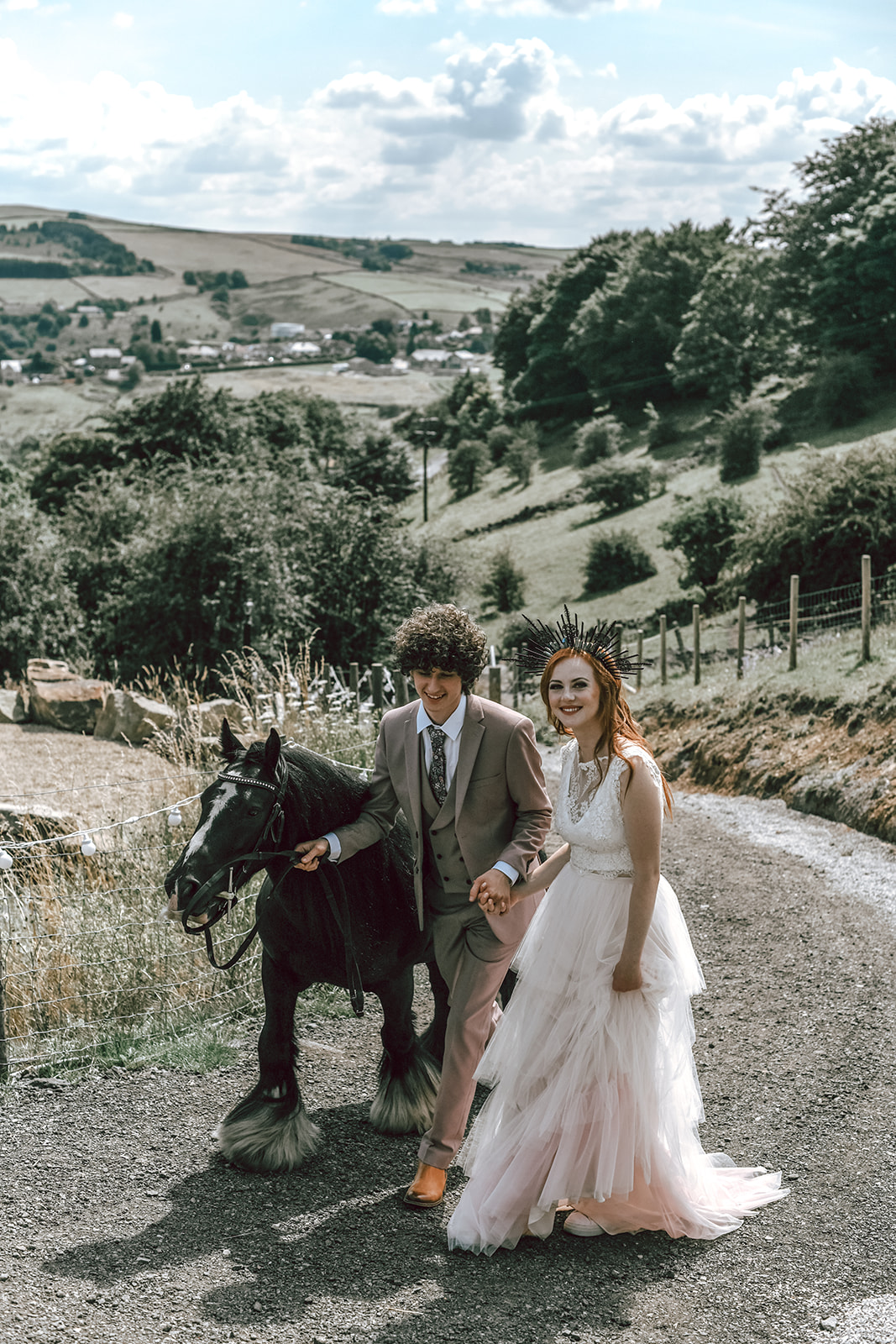 rustic festival wedding - farm wedding - bride and groom with horse