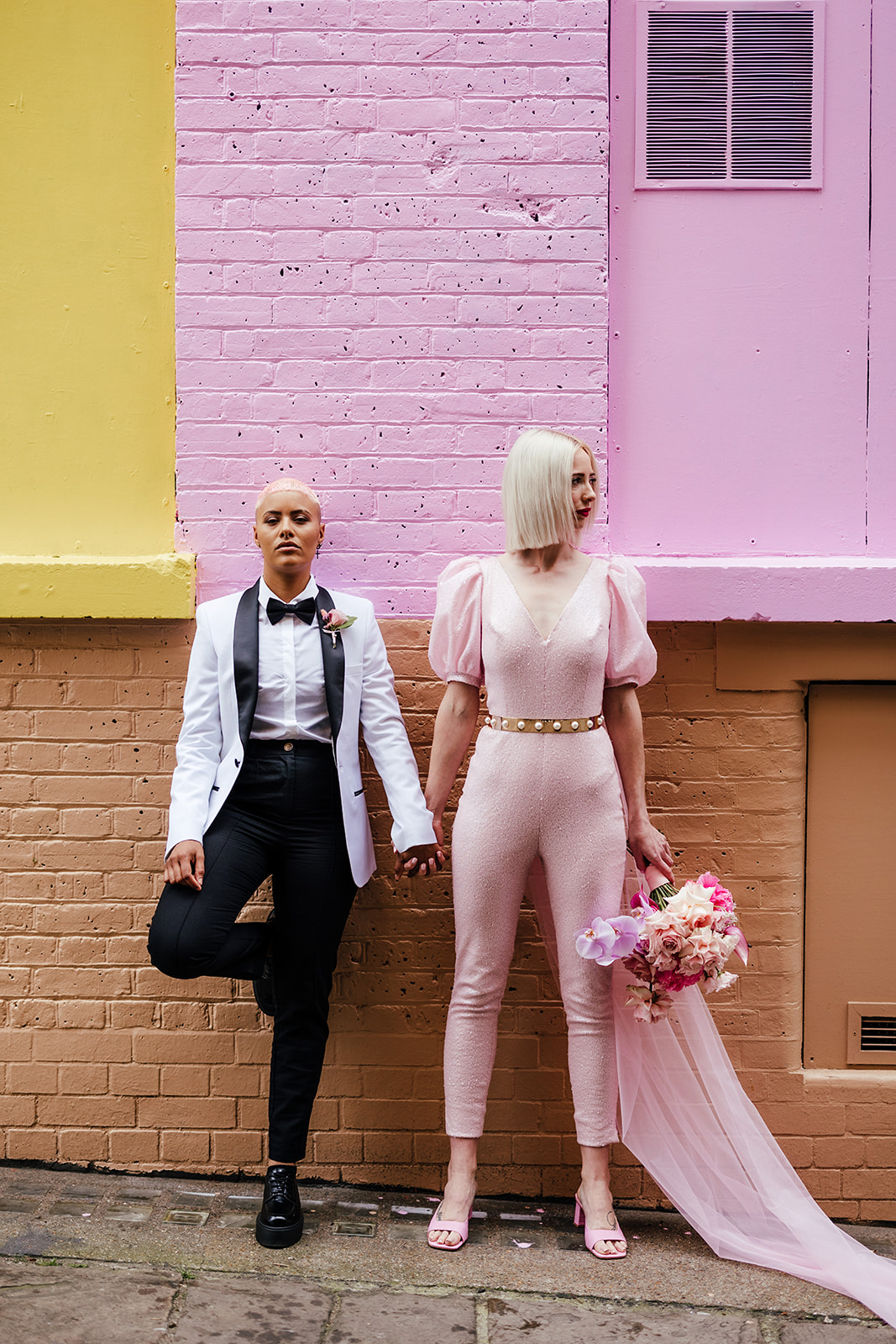 modern city elopement - same sex wedding - bridal jumpsuit - bridal tuxedo - unique bridal wear