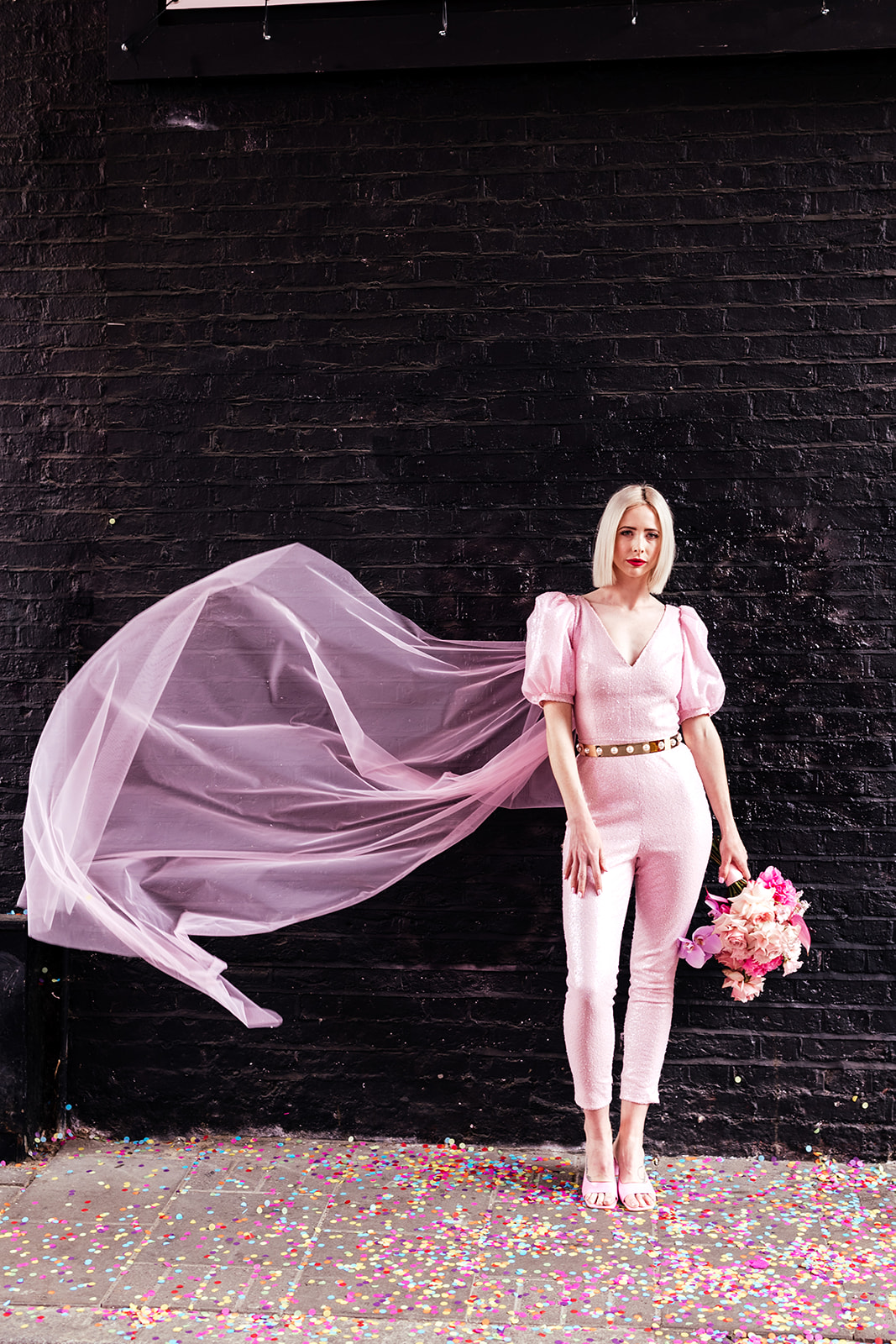 pink wedding veil - pink bridal jumpsuit - unique bridal wear - bride in pink