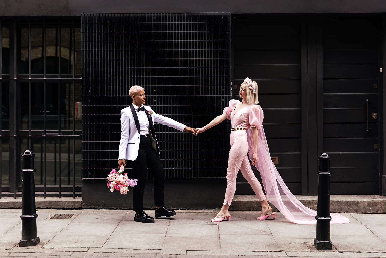 city wedding - bridal jumpsuit - same sex wedding outfits